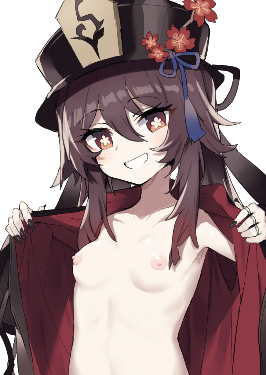 1girls anba_kohaku blush breasts brown_hair female female_only flashing genshin_impact hat hi_res hu_tao_(genshin_impact) looking_at_viewer nipples no_bra pale-skinned_female pale_skin petite red_eyes small_breasts smile smug upper_body