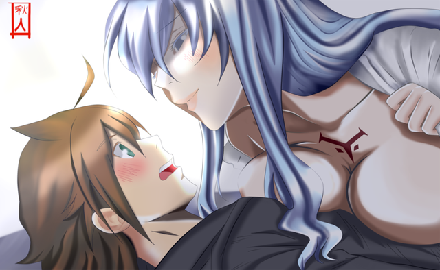 age difference, akame ga kill!, blue eyes, blue hair, blush, breasts, breasts against chest, brown hair, cowgirl position, embarrassed, enemies, enemies with benefits, esdeath (akame ga kill!), female, green eyes, large breast, large breasts, laying down, long hair, lying down, lying on back, male, older female, on top, robe, short hair, tatsumi (akame ga kill!), white robe, younger male