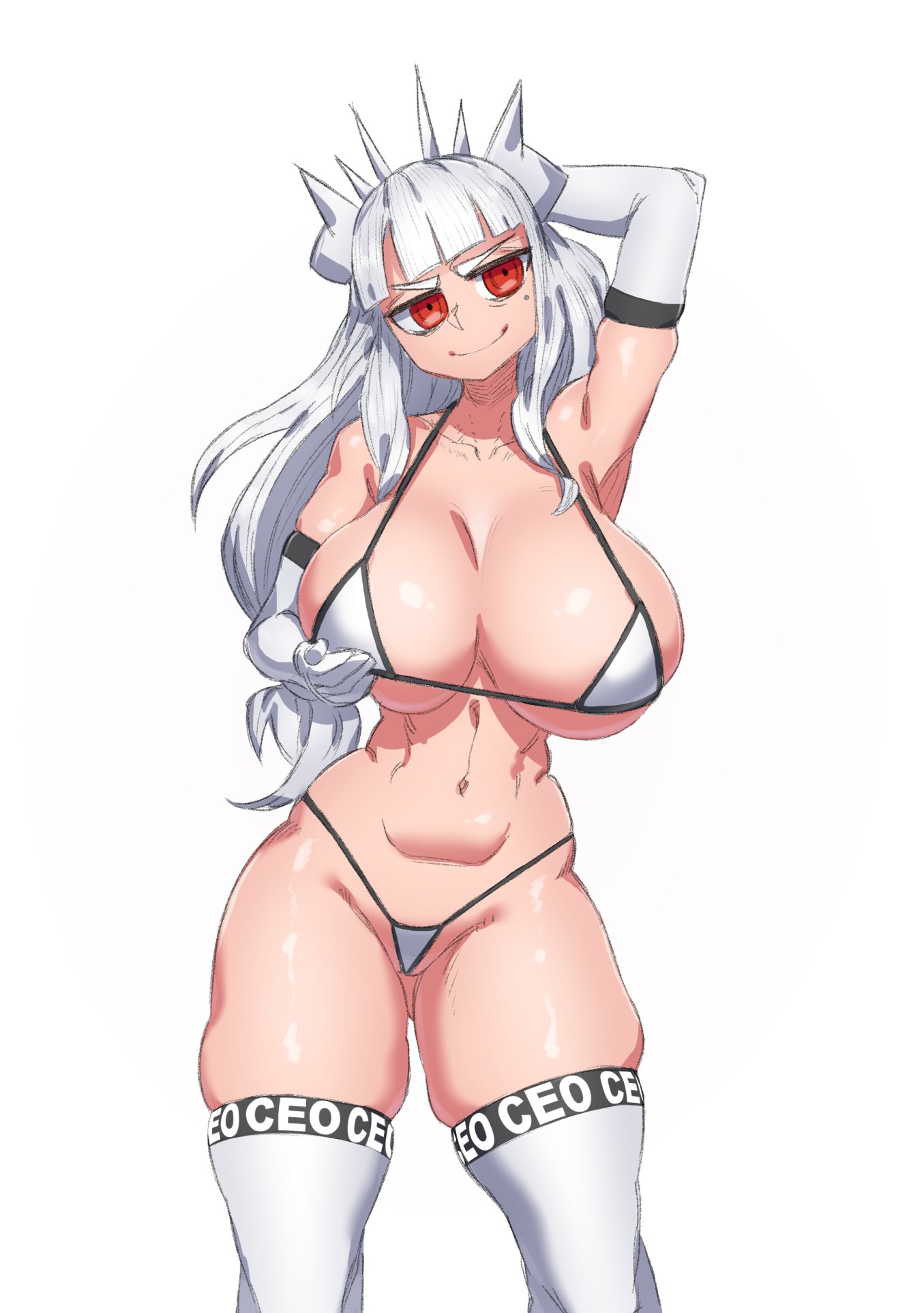 1girls, armpits, big breasts, breasts, demon, demon girl, eye contact, female, gloves, grabbing own breast, helltaker, horns, huge breasts, long hair, looking at viewer, lucifer (helltaker), makinakid, micro bikini, red eyes, solo, standing, thigh gap, thighhighs, thighs, thong, white background, white hair