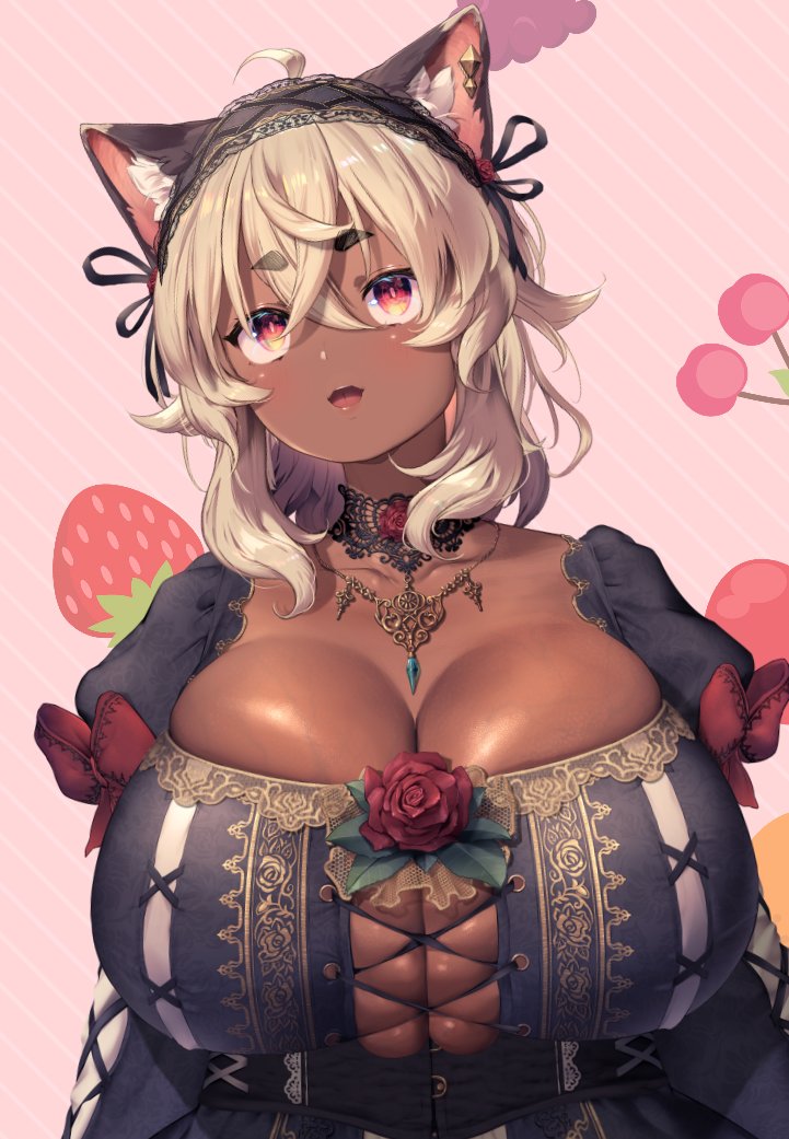 1girls blonde_hair breast_focus breast_press breasts bursting_breasts busty cat_ears cleavage cleavage_overflow cute dark_skin dress eyebrows_visible_through_hair female female_only fully_clothed huge_breasts indie_virtual_youtuber revealing_clothes solo tight_clothing veiny_breasts virtual_youtuber yana_(nekoarashi) yana_(vtuber)