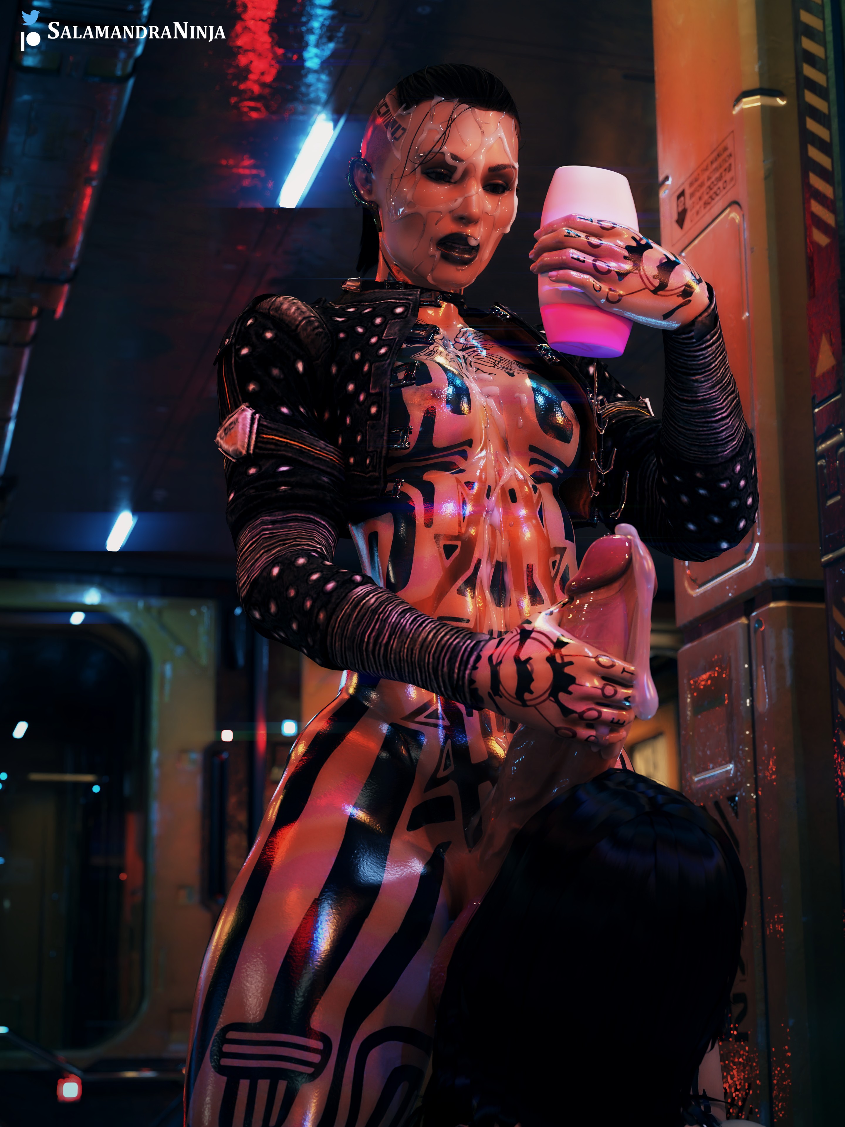 1futa, 1girls, 3d, areolae, big penis, breasts, cum on face, duo, erection, female, futa focus, futa on female, futanari, human, intersex, jack (mass effect), light skin, light-skinned female, light-skinned futa, low-angle view, mass effect, nipples, pale skin, penis, salamandraninja, standing
