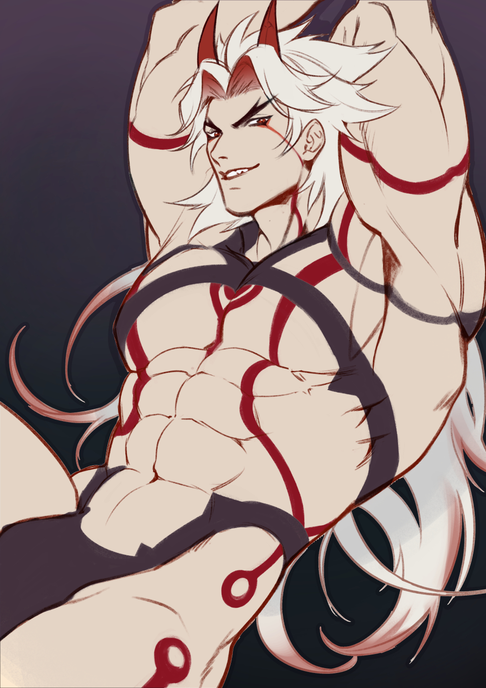1boy, abs, arataki itto, arms behind head, bara, big breasts, big muscles, big pecs, breasts, collar, genshin impact, harness, horns, male, male lactation, male only, mius, muscles, muscular, muscular male, pecs, solo, tattoo, tattoos, white hair, yaoi