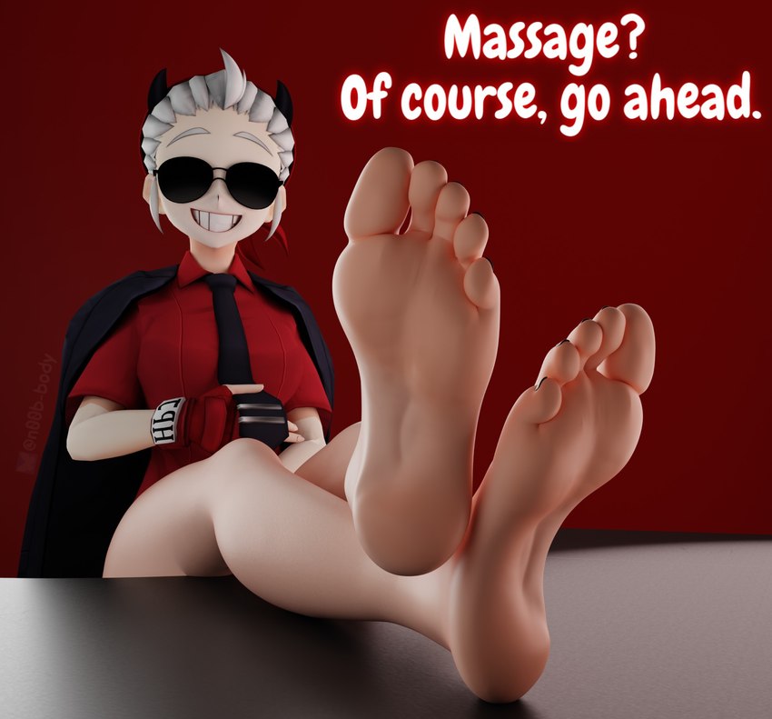3d, black nails, clothed, clothing, colored nails, demon, digital media (artwork), english text, eyewear, feet, female, fingerless gloves, fingers, foot fetish, foot focus, foot on table, footwear, furniture, gloves, hair, handwear, helltaker, hi res, high heels, horn, human, humanoid, humanoid feet, justice (helltaker), looking at viewer, mammal, n00b-body, nails, necktie, not furry, pedicure, plantigrade, red clothing, red shirt, red topwear, shirt, shoes, simple background, smile, soles, solo, sunglasses, table, teasing, text, tinted eyewear, toes, topwear, white hair, wide hips