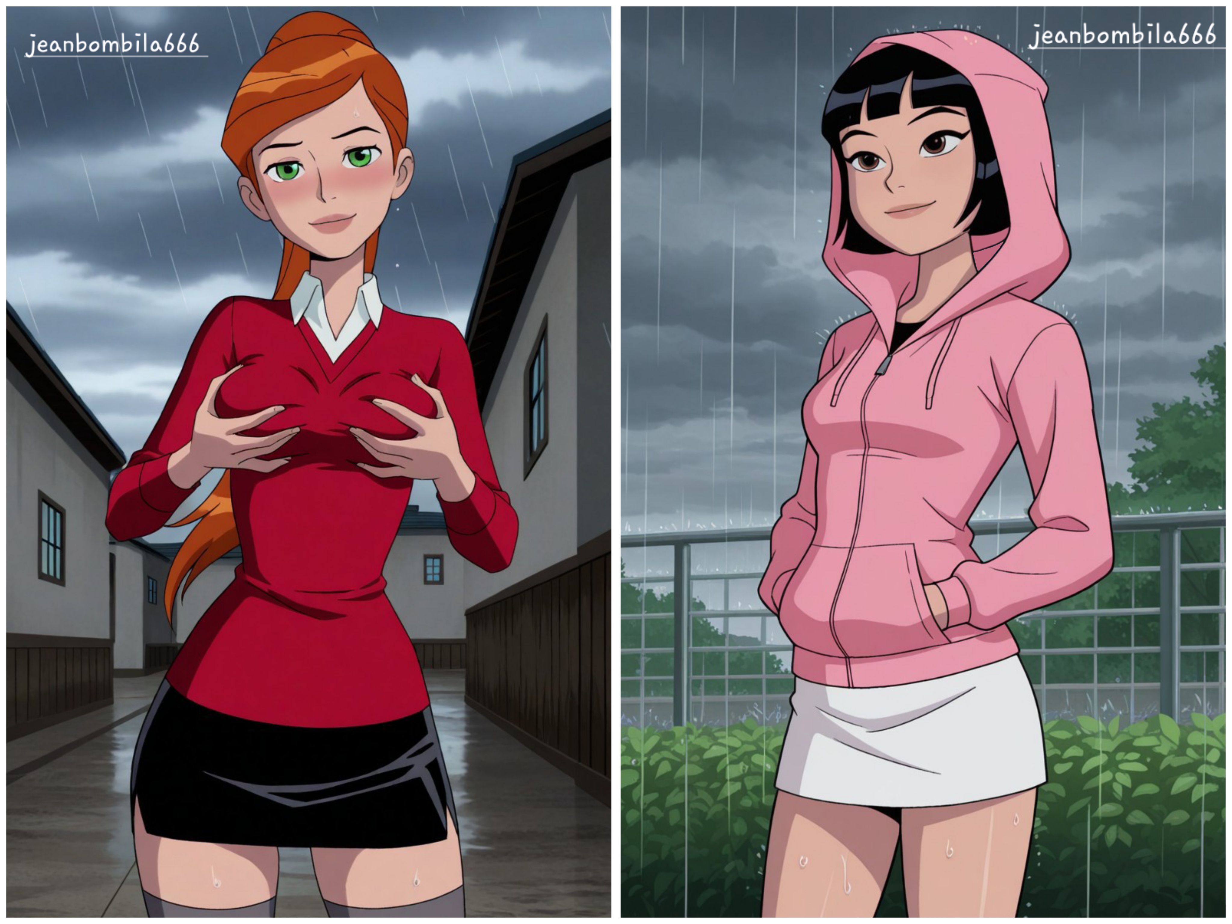 2girls, ai generated, ben 10, ben 10 alien force, ben 10 ultimate alien, cartoon network, female, female only, gwen tennyson, gwen tennyson (alien force), gwen tennyson (ultimate alien), jeanbombila666, julie yamamoto, multiple females, multiple girls