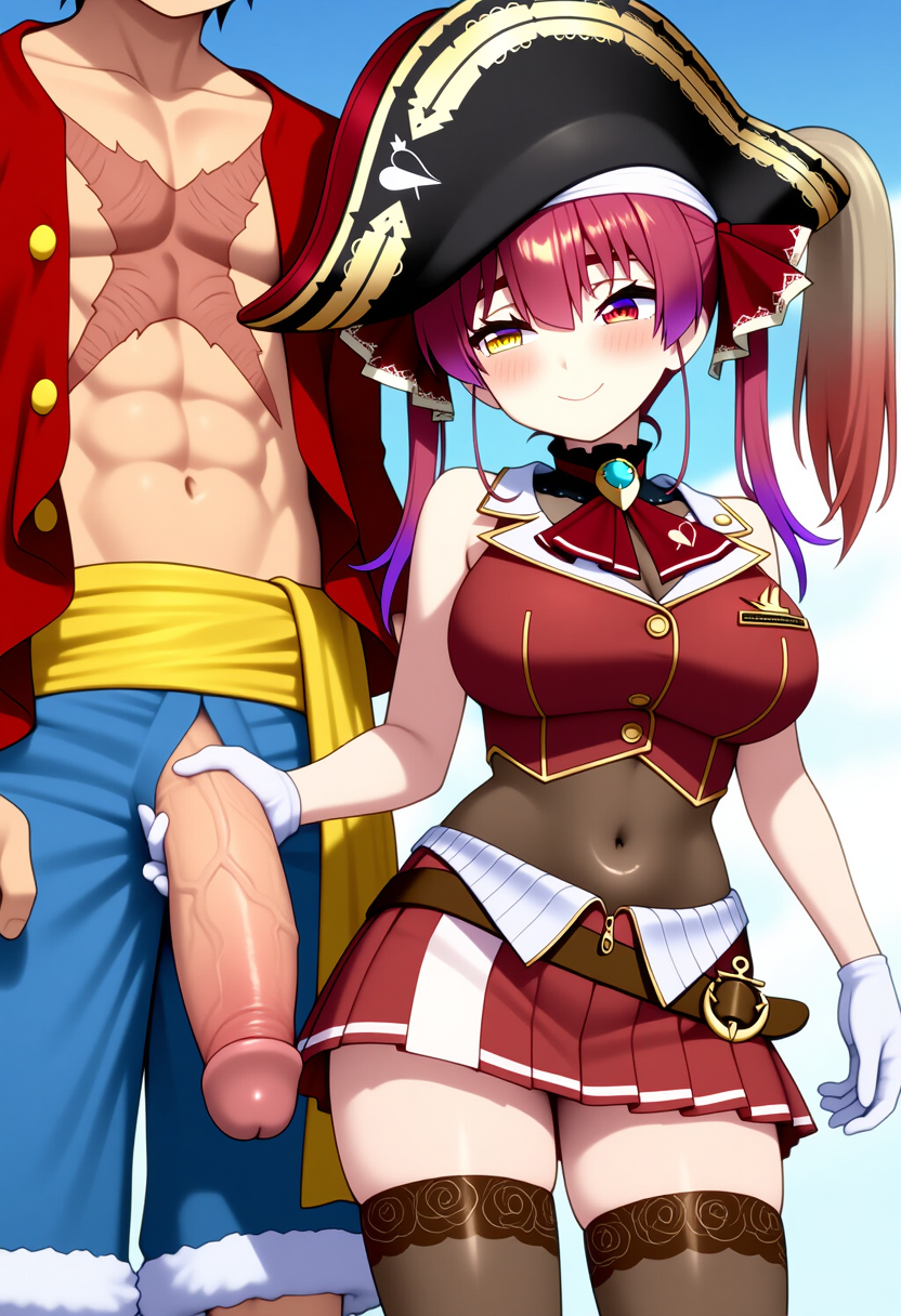 1boy 1girl abs ai_generated artist_request bangs bicorne blush breasts chest closed_mouth clothing covered_navel crossover erection female gloved_handjob gloves hair_ribbon handjob hat hetero heterochromia hololive hololive_fantasy hololive_japan houshou_marine huge_penis large_breasts large_penis leotard long_hair male monkey_d_luffy on one_piece penis penis_grab pirate pirate_hat pleated_skirt purple_hair red_eyes red_hair red_skirt ribbon scar scar_on_chest shorts skindentation skirt sleeveless smile thighhighs trewg001 twintails uncensored veins veiny_penis virtual_youtuber white_gloves yellow_eyes