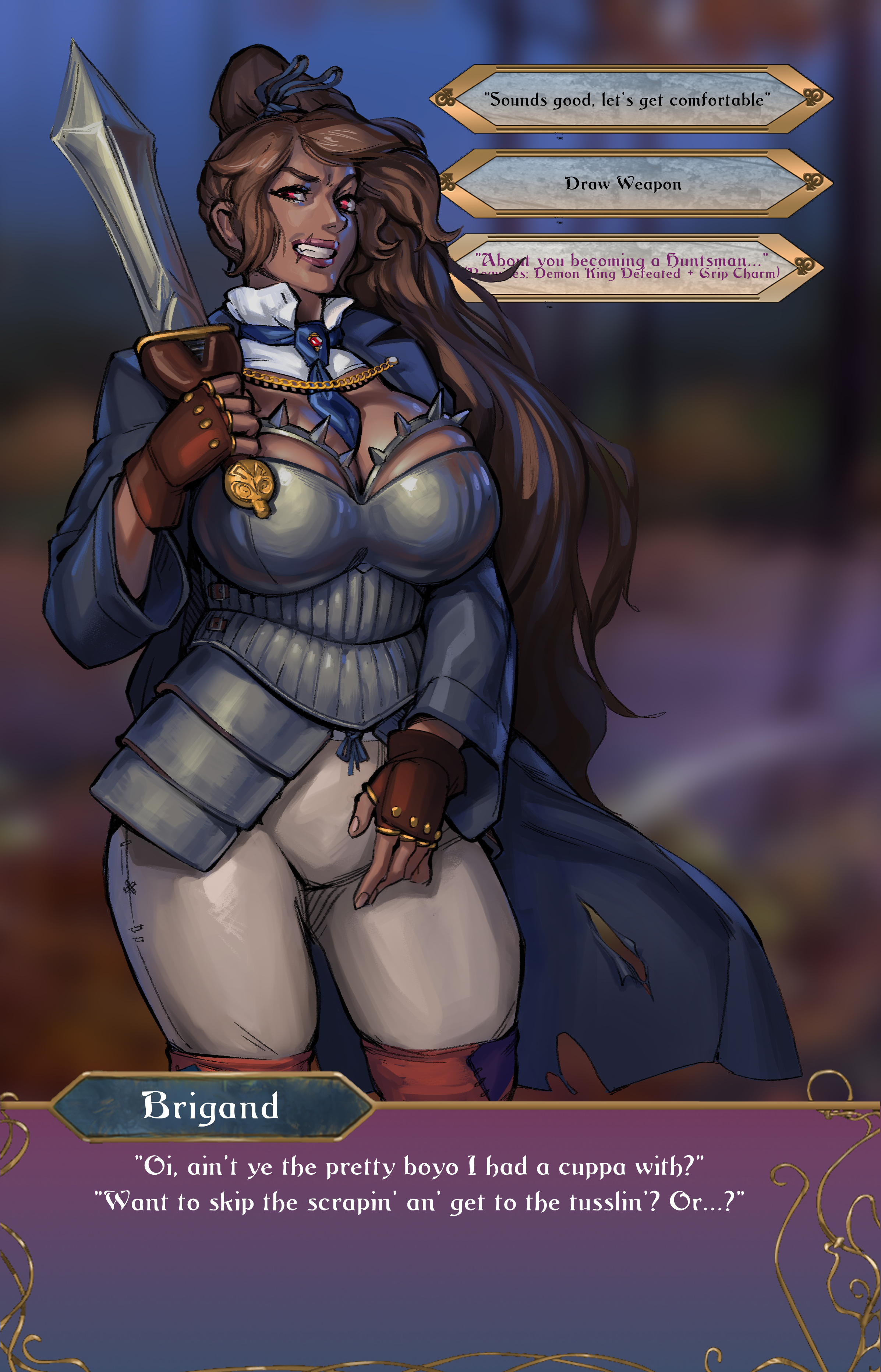 1futa, anonarts, armor, bandit, blurry background, breastplate, breasts, brigand (tales of androgyny), brown hair, canon futa, chains, coat, commission, criminal, damaged clothes, dark skin, dark-skinned futa, detatched collar, dialogue, fanart, female, fingerless gloves, futanari, game ui, gameplay mechanics, gladius, gloves, grinning, grinning at viewer, hair ribbon, huge breasts, intersex, inviting to sex, large breasts, lip scar, long hair, long sleeves, magenta eyes, necktie, necktie between breasts, nsfw version available, offering, offering sex, offering to viewer, pantaloons, ripped clothing, scar, sfw version, smile, smiling, smiling at viewer, spiked armor, spikes, studded gloves, sword, tales of androgyny, thick thighs, tied hair, tight pants, trenchcoat, video game character