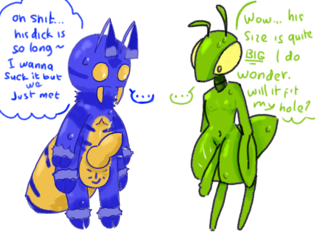 ant anthro aroused arthropod arthropod_abdomen bill_(chornywolfy) bodily_fluids chornywolfy duo honeypot_ant hymenopteran insects male male/male manny_(hhbrother) mantis nude sweat thought_bubble