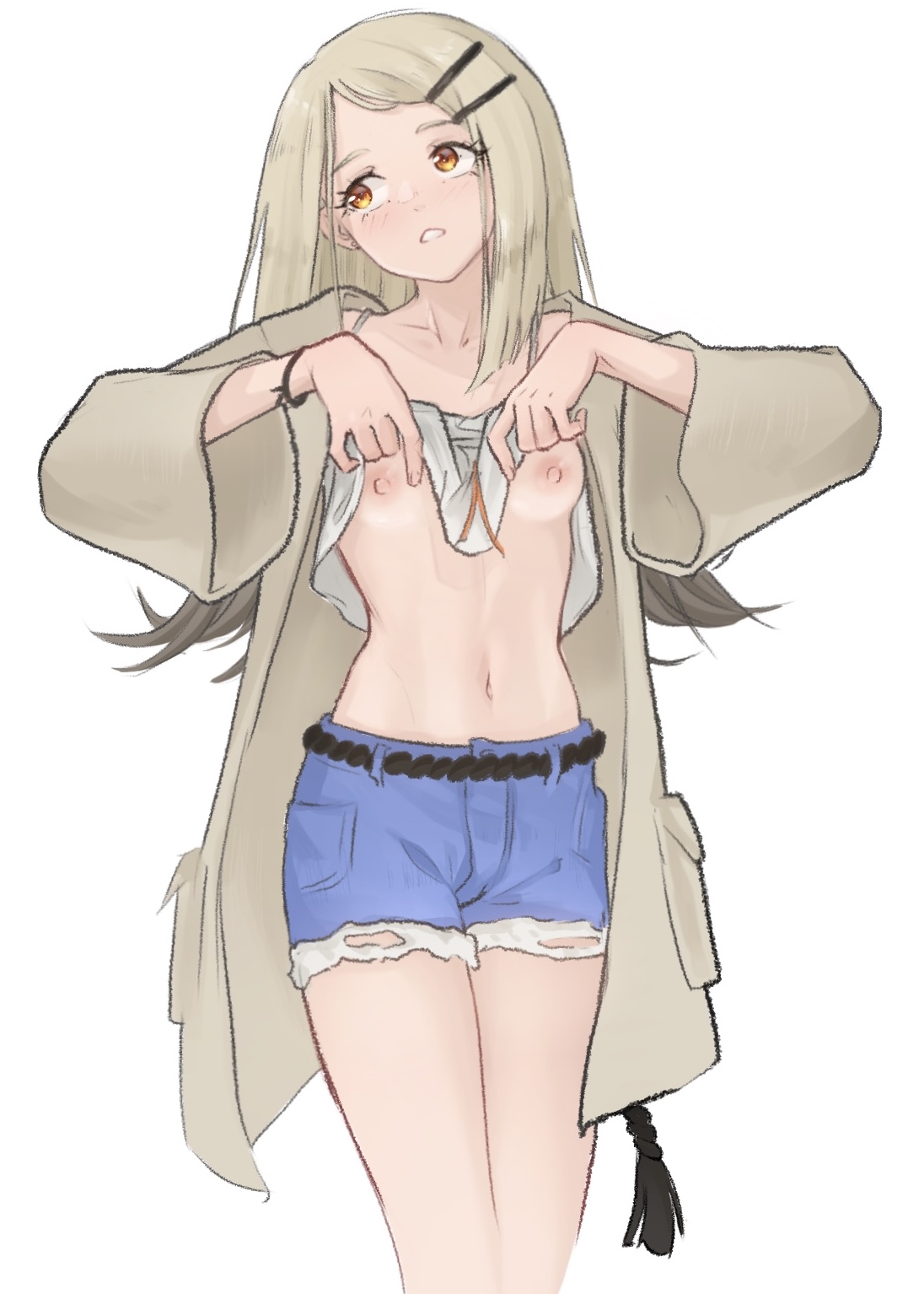 1girls, blonde eyelashes, blonde hair, blush, blush lines, bracelet, breasts, coat, cute, dreibain, female, female focus, female only, gakuen idolmaster, hair clips, hairclip, idolmaster, innocent, lifting shirt, light-skinned female, long hair, looking away, nipples, no bra, orange eyes, pale-skinned female, petite, pink nipples, presenting breasts, shinosawa hiro, shirt lift, shorts, showing breasts, simple background, skinny, slim, small breasts, solo, solo female, solo focus, teenager, thick thighs, waist, white background, young