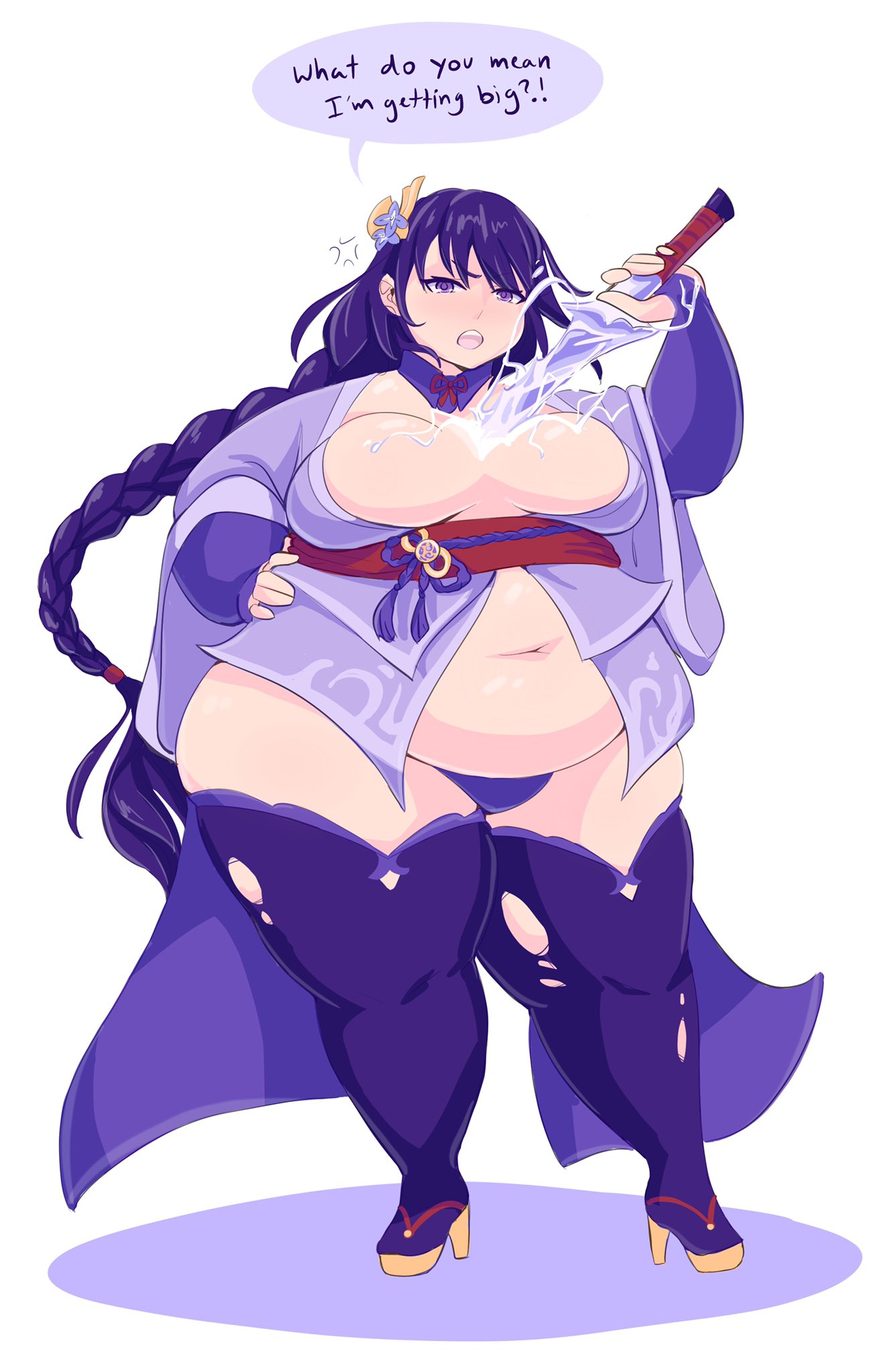 1girls, bbw, breasts, cleavage, dialogue, exposed fat belly, fat, fat thighs, female, female only, geep, genshin impact, huge belly, huge breasts, inazuma girls, large breasts, overweight, overweight female, raiden shogun, skindentation, solo, solo female, standing, text, weight gain, weight gain female