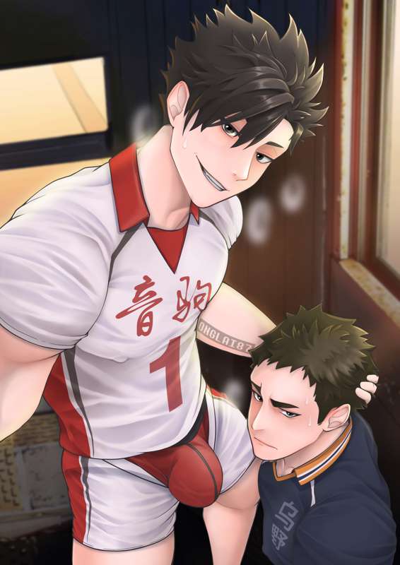 2boys black_eyes black_hair blush blush haikyuu!! kuroo_tetsurou male male/male muscles muscular muscular_male onglai87 red_underwear sawamura_daichi sweat teenager yaoi young younger_male