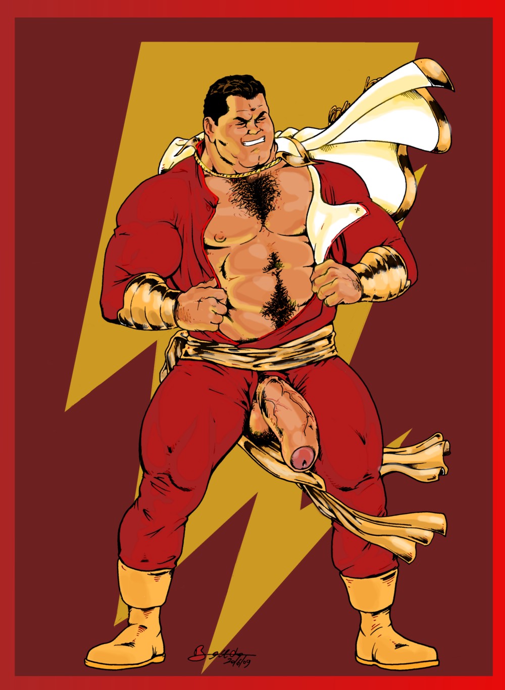 2009 bara billy_batson bruno_b dc dc_comics foreskin male male_only muscular muscular_male penis semi-erect shazam shazam_(series) solo uncircumcised uncut