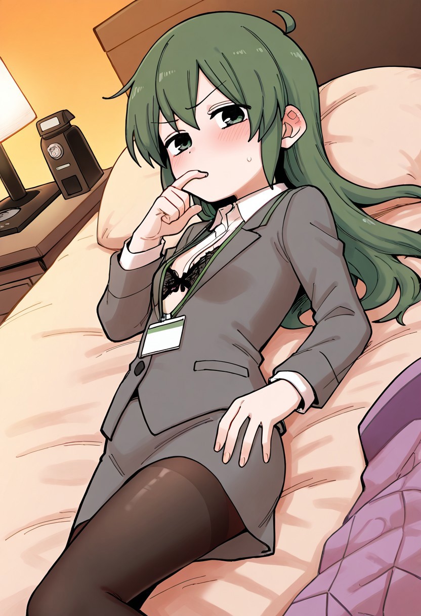 ai generated, beautiful, bed, bedroom, confused, confused expression, female, green eyes, green hair, hip, hips, igarashi futaba, imminent sex, insecure, lingerie, lying on back, office, office clothing, office lady, restroom, romantic, romantic ambiance, senpai ga uzai kouhai no hanashi, shy, shy expression