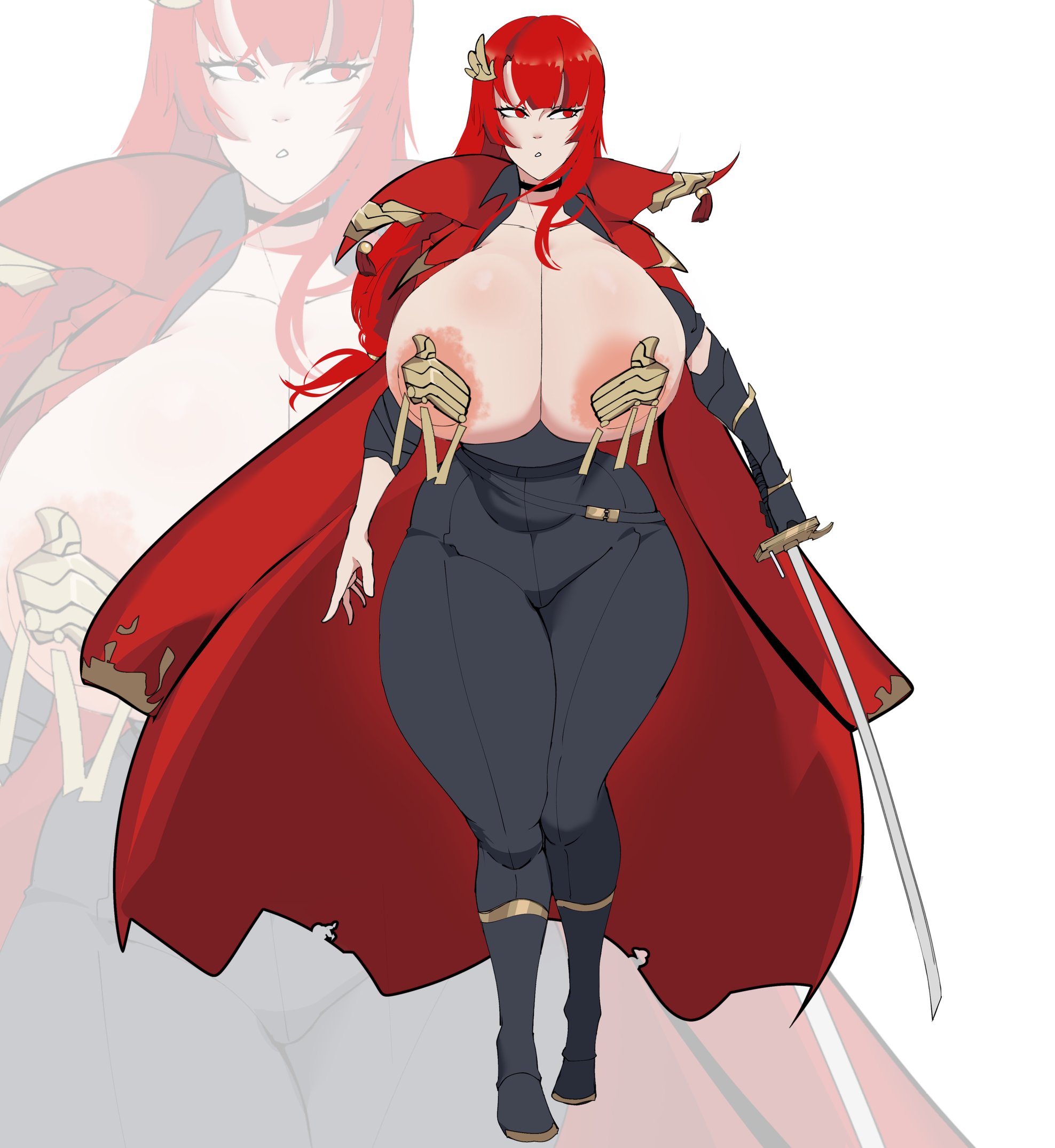 1girls, breasts, female, huge breasts, looking at viewer, red hair, shinhyunxi, tagme