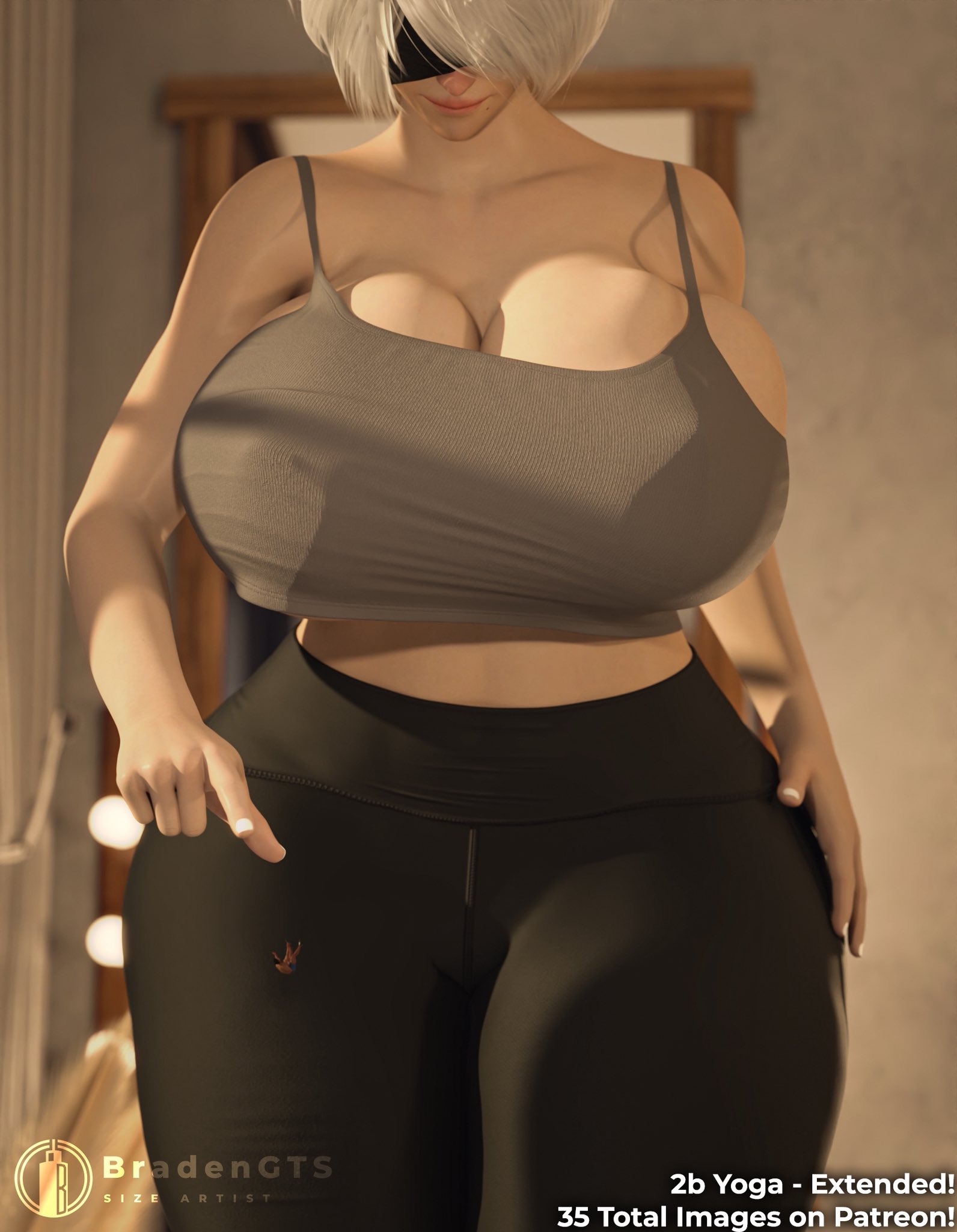 1boy, 1girls, 2020s, 2025, 3d, 3d (artwork), android, android girl, big boobsl, big breasts, black blindfold, blindfold, boobs, bradengts, breasts, clothed, clothed female, female, female focus, giantess, large boobs, large breasts, light skin, light-skinned female, light-skinned male, male, micro, micro male, mole, mole under mouth, nier, nier (series), nier: automata, shrunk, shrunken male, tank top, thick thighs, thighs, video game character, white hair, white-haired female, yoga pants, yorha 2b