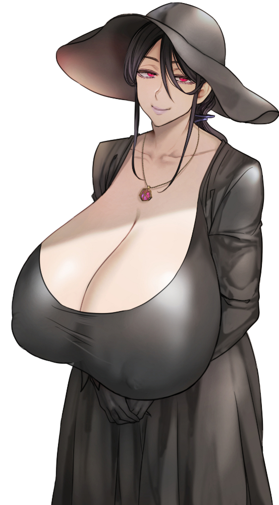 1girls, 2025, big breasts, black dress, black hair, black hat, breasts, cleavage, clothed, clothed female, female, female focus, female only, giant breasts, gigantic breasts, goth, goth milf, hair tie, hat, huge breasts, large breasts, light skin, light-skinned female, looking at viewer, mature, mature female, milf, necklace, nipple bulge, no bra, original, pepe (jonasan), ponytail, purple hair tie, red eyes, smile, solo, solo female, solo focus, sun hat, translucent clothing, voluptuous, voluptuous female, white background, wide-brimmed hat, witch