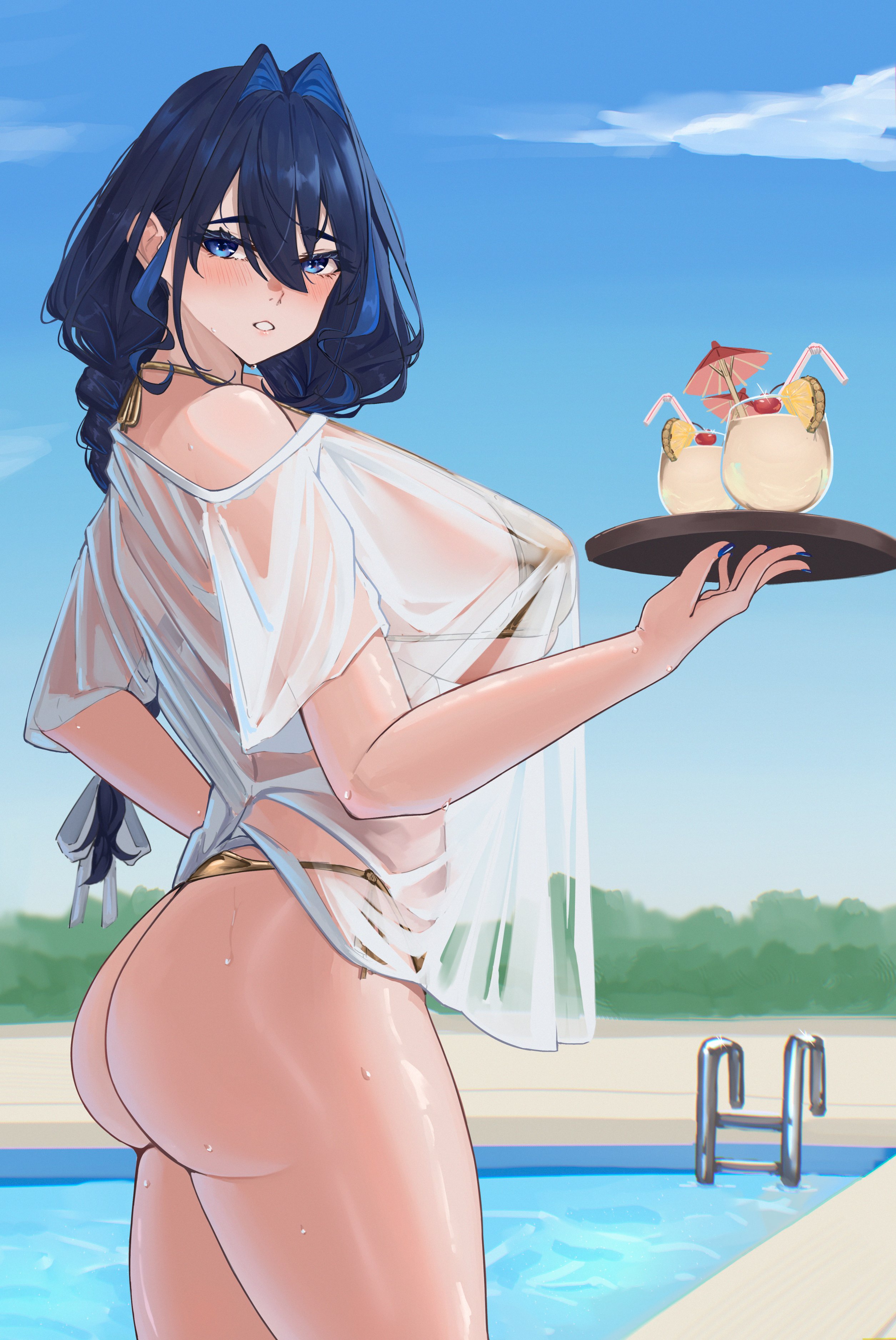 absurdres, alternate costume, artist request, ass, bare shoulders, bikini, blue eyes, blue hair, blue nails, blue sky, blue-tinted eyewear, braid, breasts, breasts squeezed together, cleavage, collarbone, eipanguino, embroidered dress, eyewear on head, female, from side, gold bikini, golden week, hair intakes, highres, hololive, hololive english, hololive english -council-, hololive english -promise-, huge breasts, large breasts, long hair, looking at viewer, low twin braids, navel, nervous sweating, official alternate hairstyle, ouro kronii, ouro kronii (maid), pool, pool ladder, poolside, satin bikini, see-through cleavage, see-through clothes, see-through shirt, see-through sleeves, shiny swimsuit, shirt, simple background, sky, solo, stomach, sunglasses, sweat, swimsuit, thick thighs, thighs, tinted eyewear, tray, twin braids, virtual youtuber, water