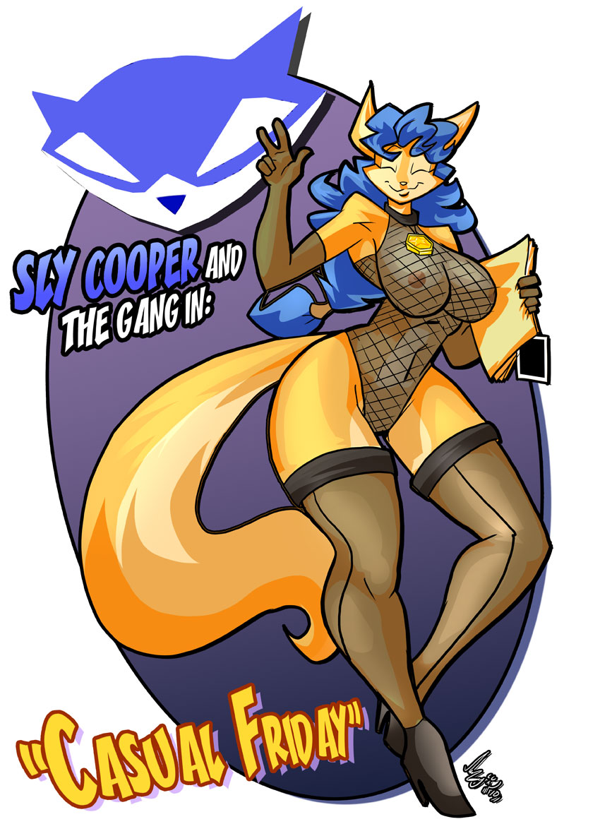 2010 anthro badge blue_hair canine carmelita_fox catsprin collar female female_only fishnet_bodysuit fox fur furry jaeh mammal sly_cooper_(series) solo sony_corporation sony_interactive_entertainment tagme