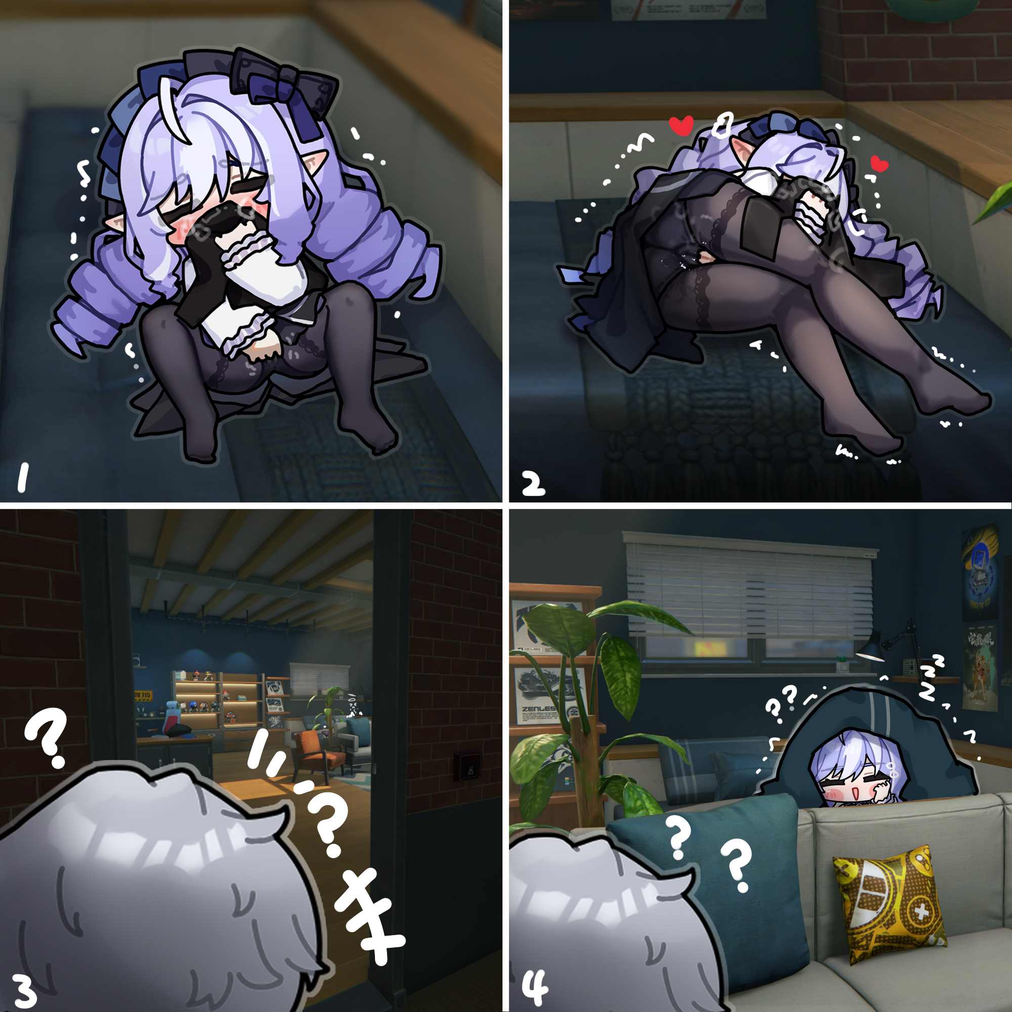 ?, 1boy, 1girls, 4koma, ahoge, ass, black pantyhose, blanket, blush, chibi, closed eyes, drill hair, female, female pervert, fingering, grey hair, headwear, hi res, hiding, holding object, ldd.ek, male, masturbation, open mouth, panties, pantyhose, pillow, pointy ears, purple hair, pussy, smile, sniffing, sofa, stealth masturbation, underwear, very long hair, vivian (zenless zone zero), vivian banshee, white dress, wise (zenless zone zero), zenless zone zero