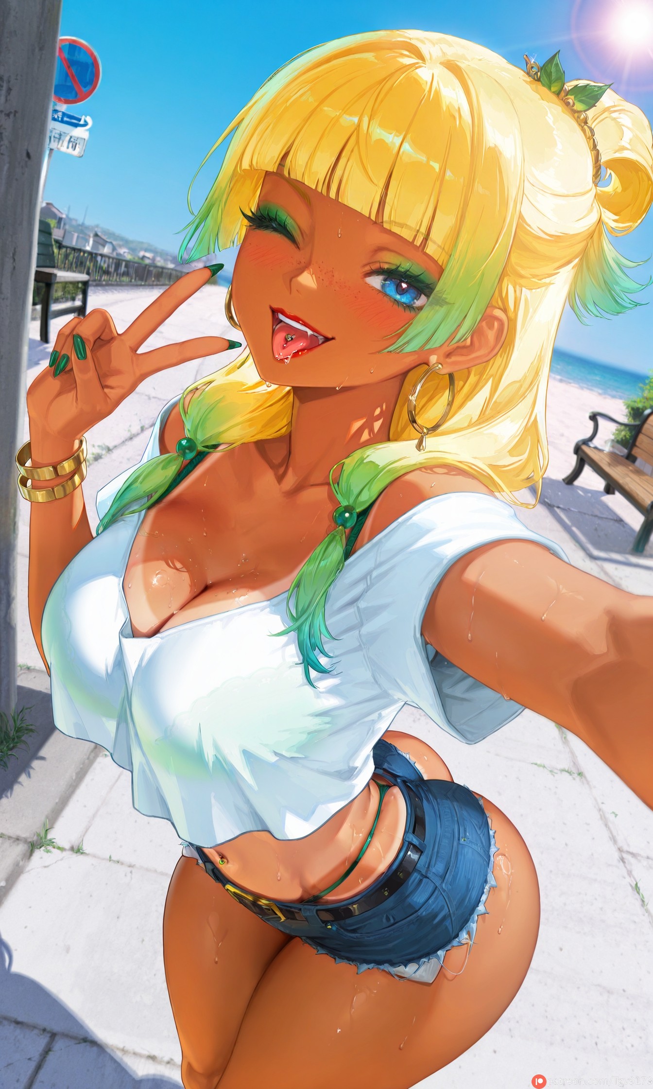 ai generated, aqua hair, ass, bangs, bare shoulders, beach, belt, bikini, bikini tan, bikini under clothes, bimbo, bimbofication, blonde hair, blue eyes, blue sky, blunt bangs, blush, bracelet, breasts, cleavage, collarbone, commission, commissions open, crop top, cutoffs, dark skin, dark-skinned female, day, denim, denim shorts, earrings, fangs, female, female only, gradient hair, green bikini, green hair, green nails, gyaru, hair ornament, highleg, hoop earrings, jewelry, kusuriya no hitorigoto, large breasts, long hair, looking at viewer, makeup, maomao (kusuriya no hitorigoto), midriff, multicolored hair, nail polish, navel, off shoulder, off-shoulder shirt, one eye closed, open mouth, outdoors, self upload, selfie, shirt, short shorts, short sleeves, shorts, sky, smile, solo, sweat, swimsuit, tan, tanlines, teeth, tgv9173, thighs, thong, tongue, tongue out, tongue piercing, two-tone hair, v, white shirt