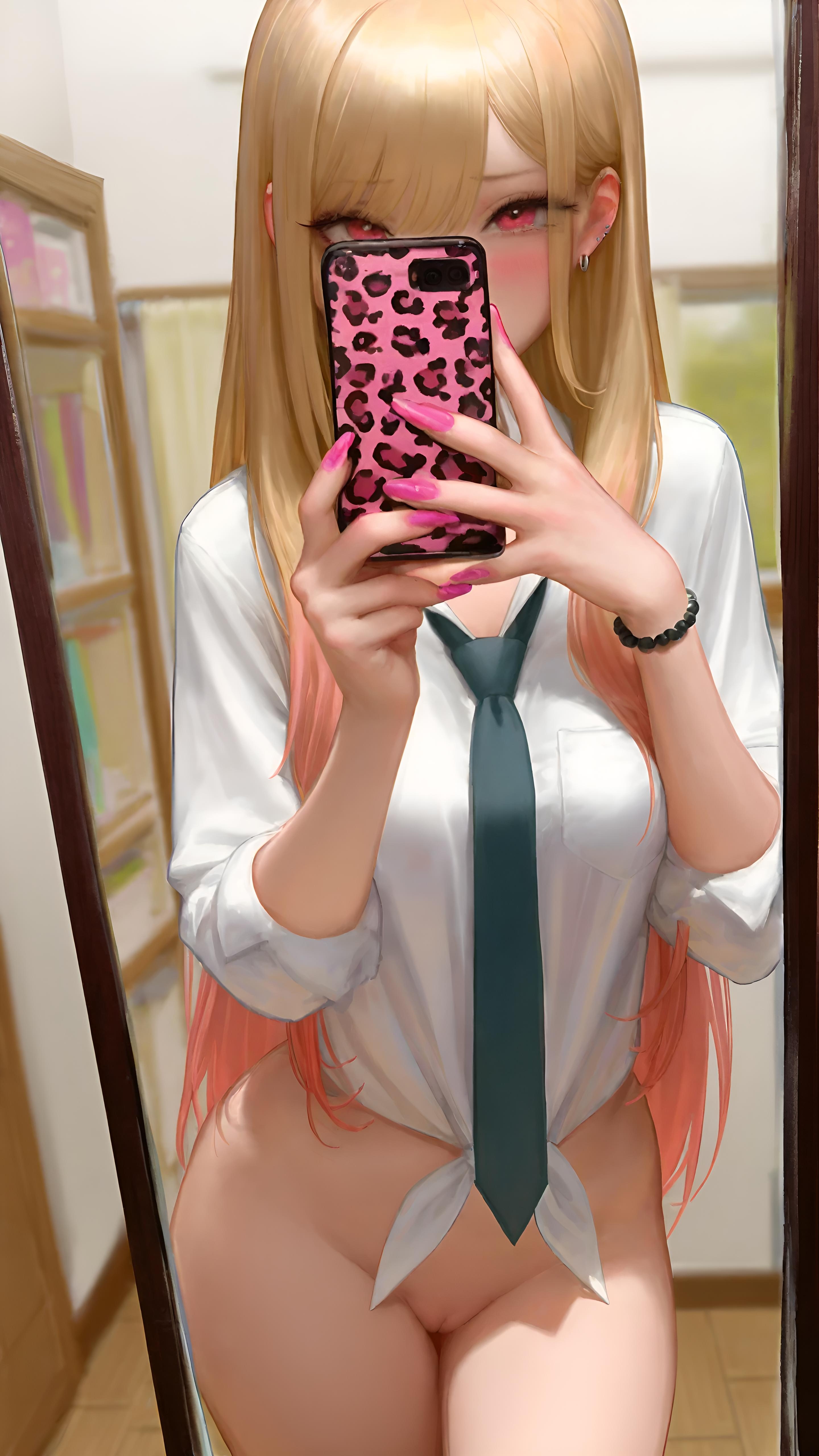 ai generated, blonde hair, bottomless, breasts, female, female only, kitagawa marin, medium breasts, mirror selfie, nail polish, pussy, selfie, shirt, sono bisque doll wa koi wo suru, standing, tie, trugprz