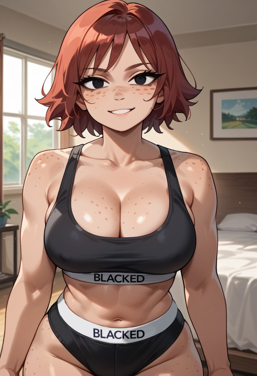 1girls ai_generated bedroom black_eyes blacked blacked_clothing breasts civitai cleavage female freckles grin indoors kim_pine large_breasts looking_at_viewer midriff navel panties red_hair scott_pilgrim short_hair solo sports_bra