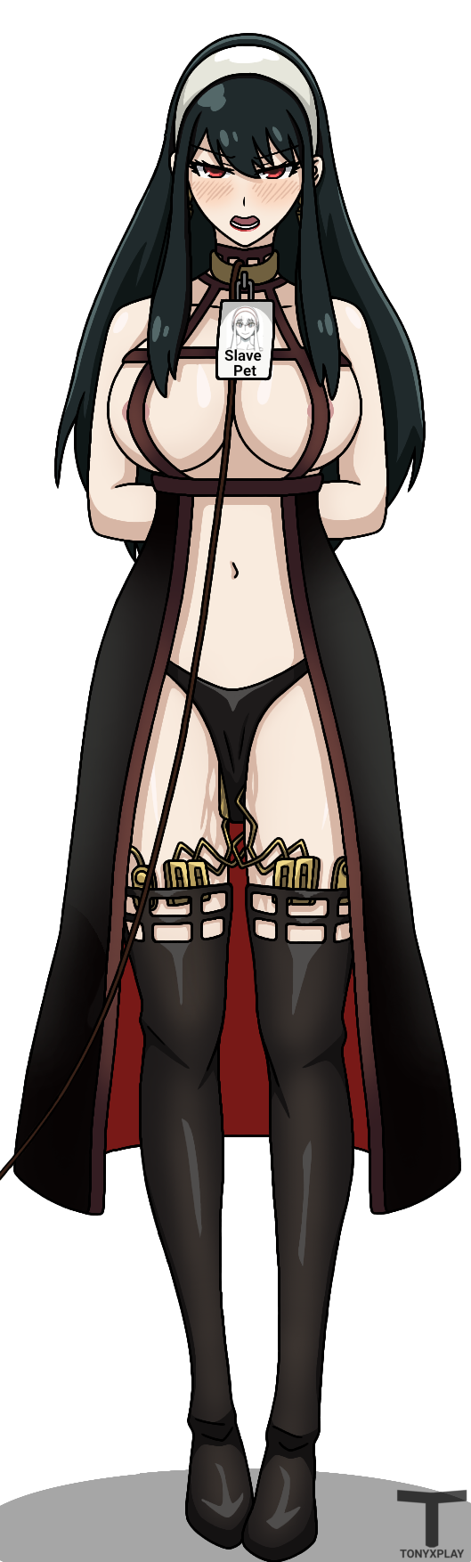 black boots, black clothing, black hair, black socks, blush, blush lines, blushing at viewer, bondage, boots, breasts, female, female only, hair ornament, leash, multiple vibrators, navel, pussy, red eyes, sex slave, slave, slave collar, slave girl, spy x family, tied arms, tied hands, tony x play, tonyxplay, vaginal fluids, vaginal insertion, vaginal juices, vaginal masturbation, vaginal object insertion, vibrator, vibrator in pussy, vibrator under clothes, yor briar, yor forger