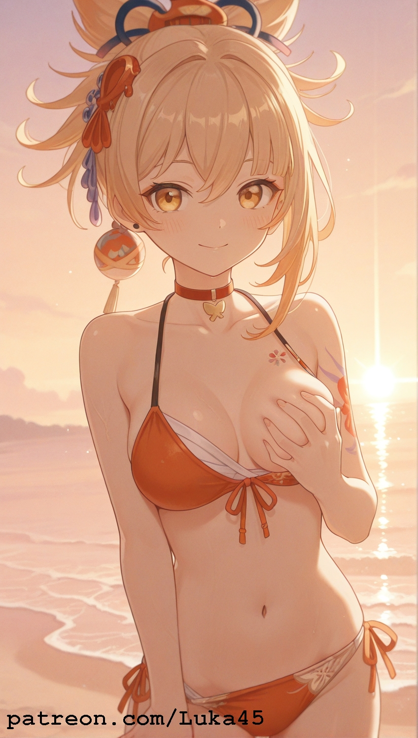 ai generated, beach, bikini, blush, breast grab, breasts, female, genshin impact, gold eyes, hair bun, hair ornament, hoyoverse, luka45, mihoyo, navel, necklace, orange bikini, patreon, patreon reward, patreon url, patreon username, smile, smiling at viewer, standing, sunset, tattoo, teasing, touching breast, yellow hair, yoimiya (genshin impact)