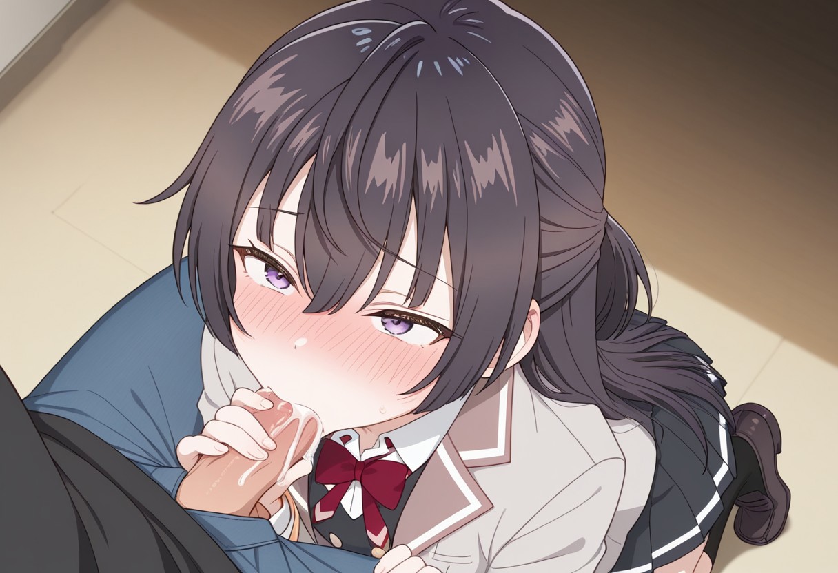 1boy, 1girls, ai generated, blush, cum, female, incest, male, oral, penis, purple eyes, sucking penis, suou yuki, tokidoki bosotto russian de dereru tonari no alya-san