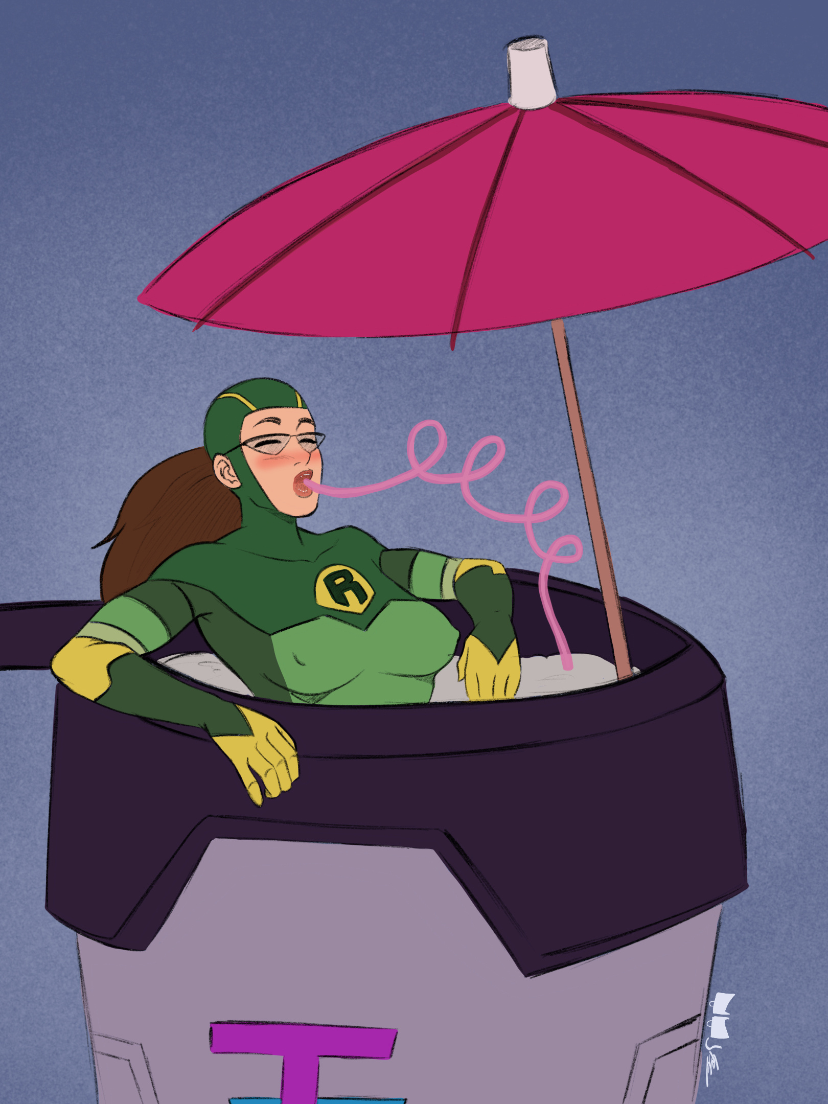 1girls, 2025, 2d, 2d (artwork), amazon, amazon prime, artist logo, artist signature, big breasts, big lips, blissful, blue background, blush, breasts, brown hair, brunette hair, casual, chilling, closed eyes, cum, cum drinking, cum in cup, cum in mouth, cute, cute face, drinking cum, erect nipples, female, female only, fully clothed, glasses, glasses on face, image comics, invincible, invincible (tv series), lewd, mug, nipples, no sex, powers, pranky, relaxing, satisfied, satisfied look, shrinking rae, shrunk, shrunken female, sipping, solo, solo female, solo focus, straw, straw in mouth, superheroine, umbrella