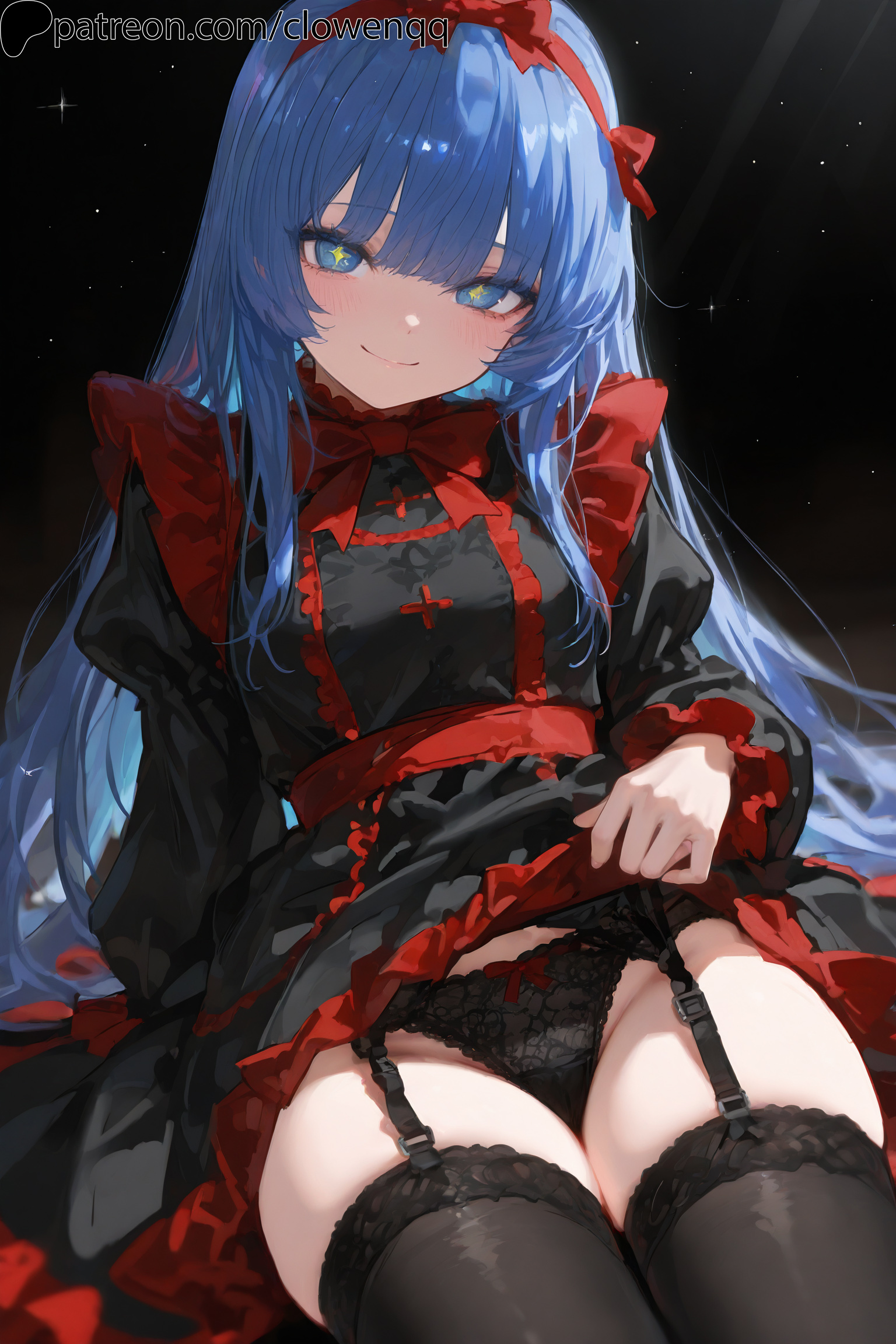 1girls, ai generated, bangs, black legwear, black souls, black souls 2, blue eyes, blue hair, blush, bow, clowenqq, dress, dress lift, female, female focus, female only, frills, garter straps, lace, legs together, legwear, long hair, looking at viewer, mabel (black souls), panties, presenting, sitting, smile, smiling at viewer, solo, solo female, solo focus, stockings, symbol-shaped pupils, thick thighs, thighhighs, thighs