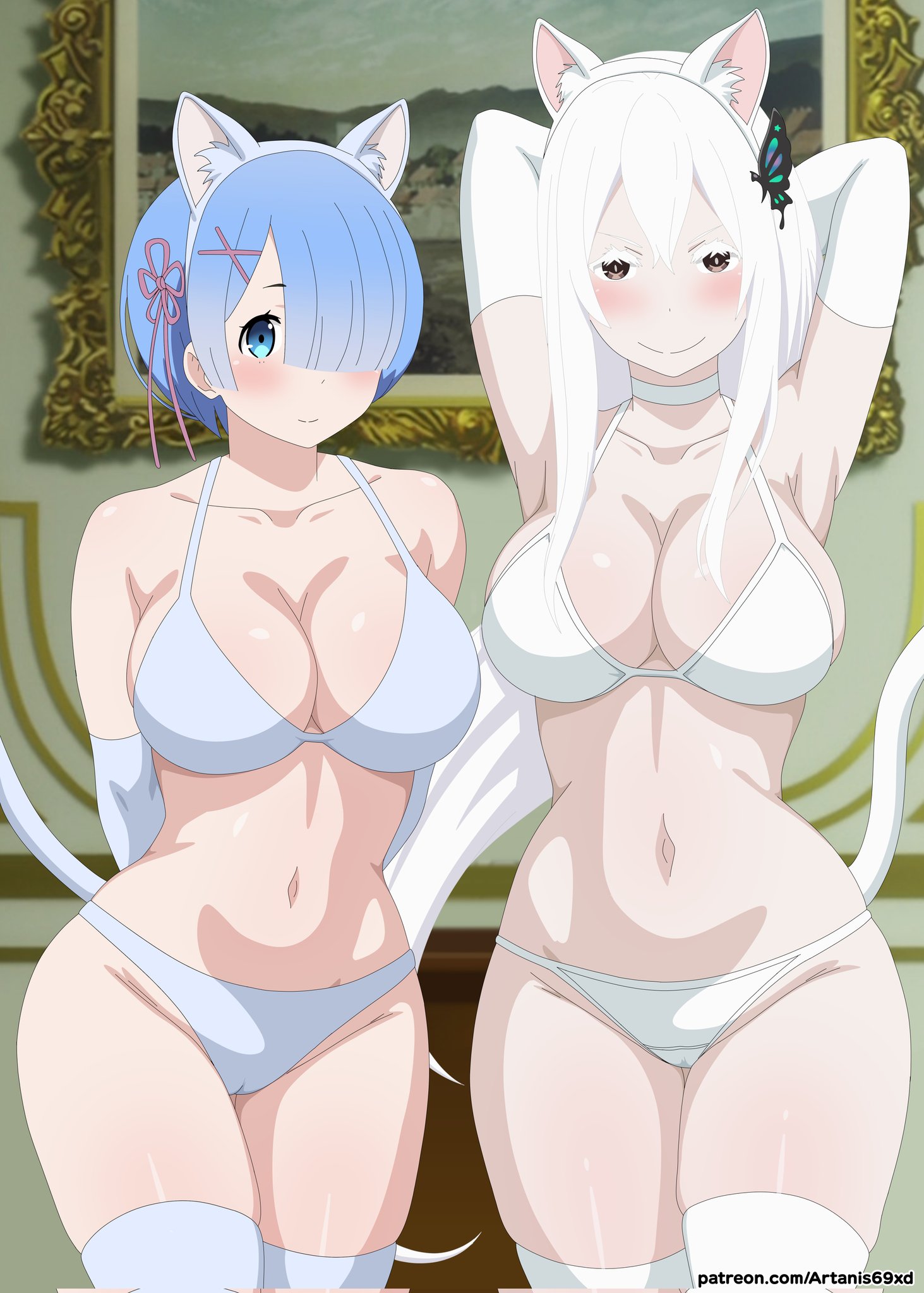 armpits, arms up, artanis69, breasts, cat ears, cat tail, curvy female, echidna (re:zero), female, female only, re:zero kara hajimeru isekai seikatsu, rem (re:zero), underwear