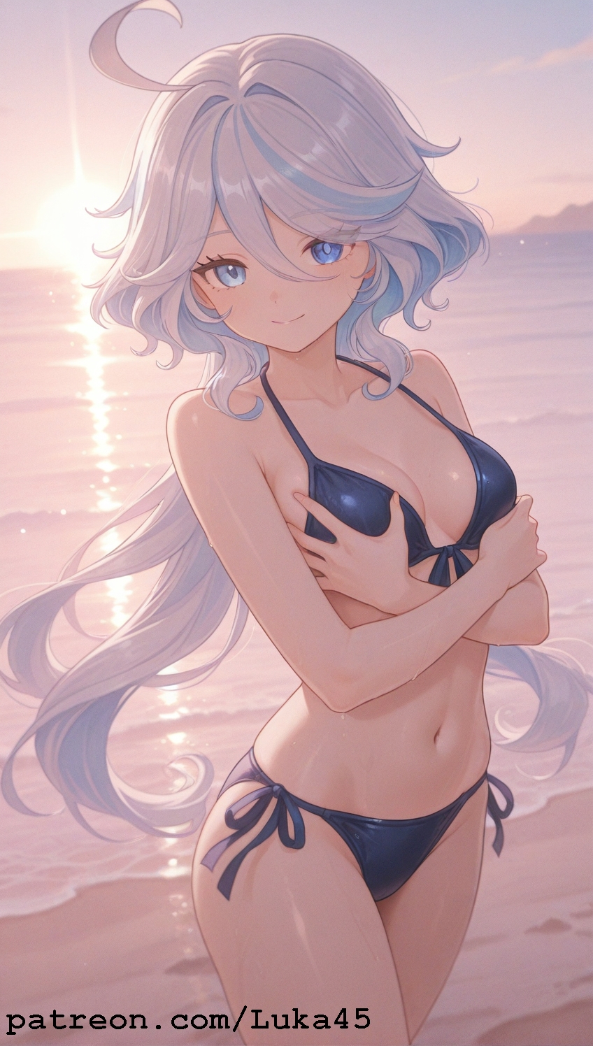 ai generated, beach, bikini, blue bikini, blue eyes, blush, bra, breast grab, breasts, female, furina (genshin impact), genshin impact, hoyoverse, large hair, long hair, luka45, mihoyo, navel, patreon, patreon reward, patreon url, patreon username, smile, smiling at viewer, standing, sunset, touching breast, white hair