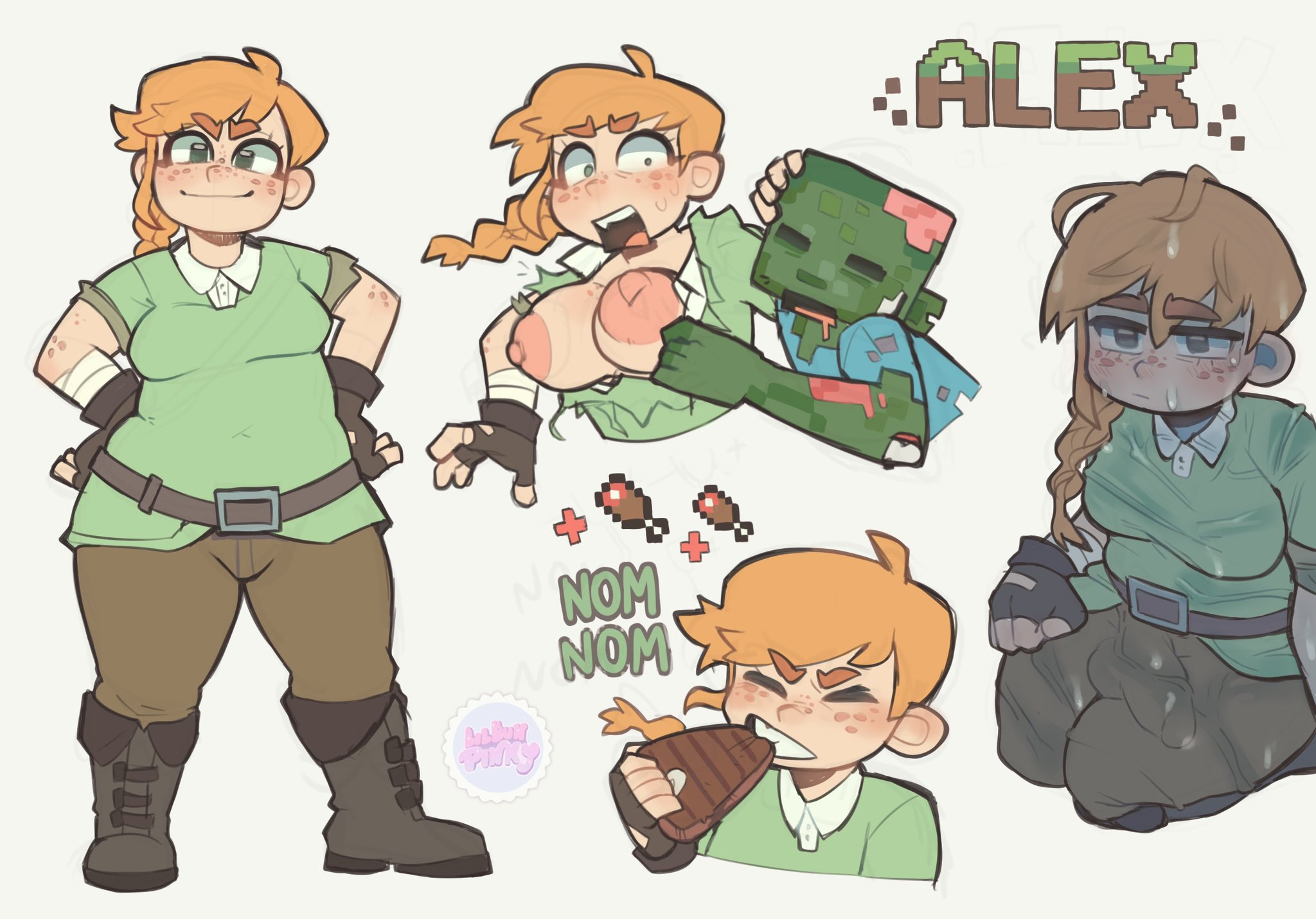 1boy, 1futa, alex (minecraft), areolae, balls, big penis, breasts, bulge, clothed, clothing, dickgirl, erection, freckles, fully clothed, futa focus, futanari, human, intersex, light skin, lilbunpinky, male, minecraft, mostly clothed, nipples, penis, red hair, ripped clothing, solo focus, standing, wet, zombie, zombie (minecraft)