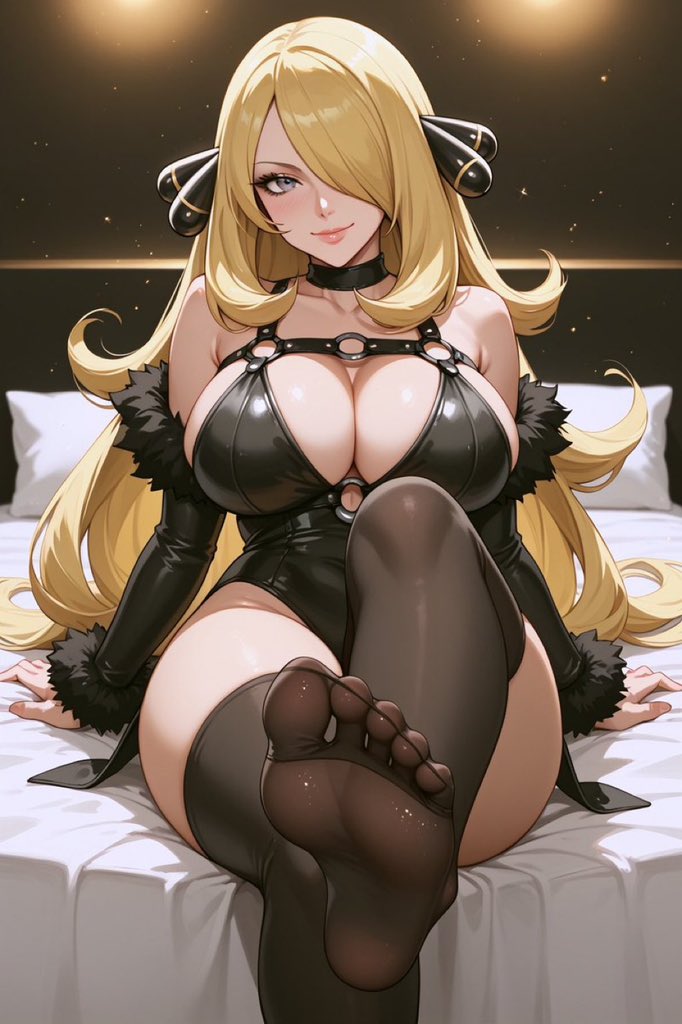 1girls, ai generated, blonde hair, breasts, clothed, clothed female, clothing, creatures (company), cynthia (pokemon), feet, female, female only, foot focus, game freak, large breasts, light skin, light-skinned female, looking at viewer, nintendo, on bed, pokemon, pokemon bdsp, pokemon dppt, soles, solo, solo female, stockings, thighhigh stockings, thighhighs, toes