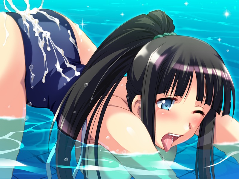 black_hair blue_eyes blush breasts cum large_breasts mahou_sensei_negima mahou_sensei_negima! one-piece_swimsuit ookouchi_akira open_mouth ponytail swimsuit tied_hair tongue water wet wince yuiumiya