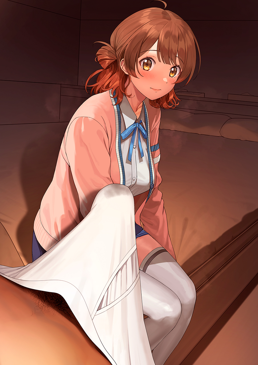 1boy a1_(initial-g) ahoge bed blue_ribbon blue_skirt blush breasts brown_eyes brown_hair bulge cardigan closed_mouth collared_shirt commentary_request erection female gakuen_idolmaster gradient_hair hair_bun hanami_ume highres idolmaster indoors long_sleeves male_pubic_hair male_underwear medium_breasts multicolored_hair neck_ribbon on_bed open_cardigan open_clothes panties pink_cardigan pubic_hair ribbon school_uniform shirt single_side_bun sitting skirt steaming_body thighhighs thighs underwear unworn_panties variant_set white_male_underwear white_shirt white_thighhighs