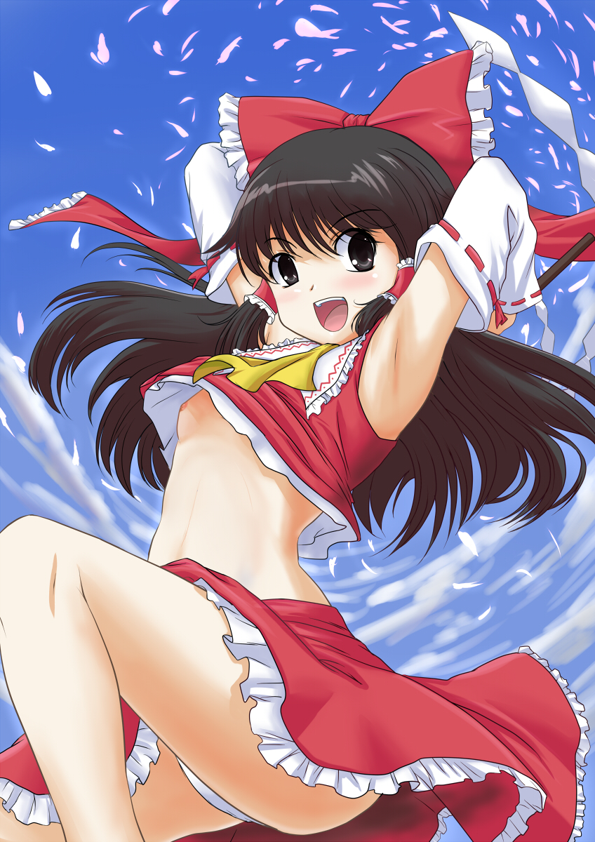 armpits arms_behind_head arms_up blush bow brown_hair detached_sleeves female female_only flat_chest hairbow highres human nipple_slip nipples niriru reimu_hakurei solo touhou upshirt