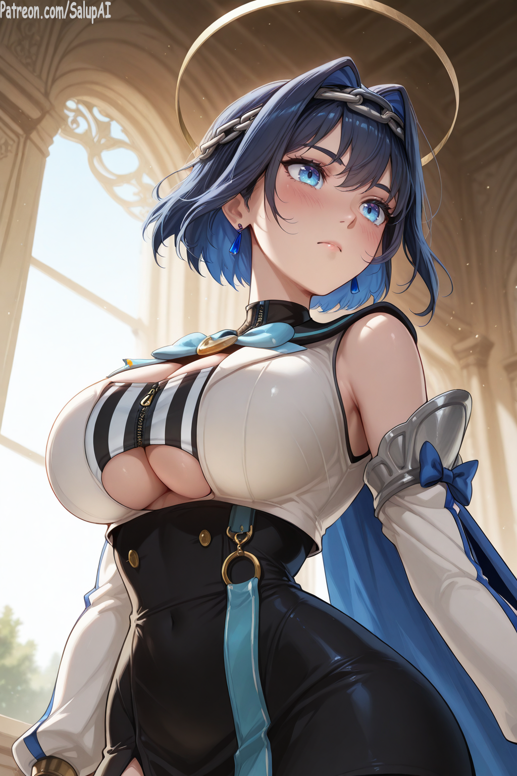 1girls ai_generated bare_shoulders big_breasts blue_eyes blue_hair breasts clothed earrings female female_only from_below hair_ornament hololive hololive_english hololive_english_-council- hololive_english_-promise- looking_away navel_visible_through_clothes ouro_kronii patreon salupai sfw short_hair solo_female standing tight_clothing uncensored virtual_youtuber watermark