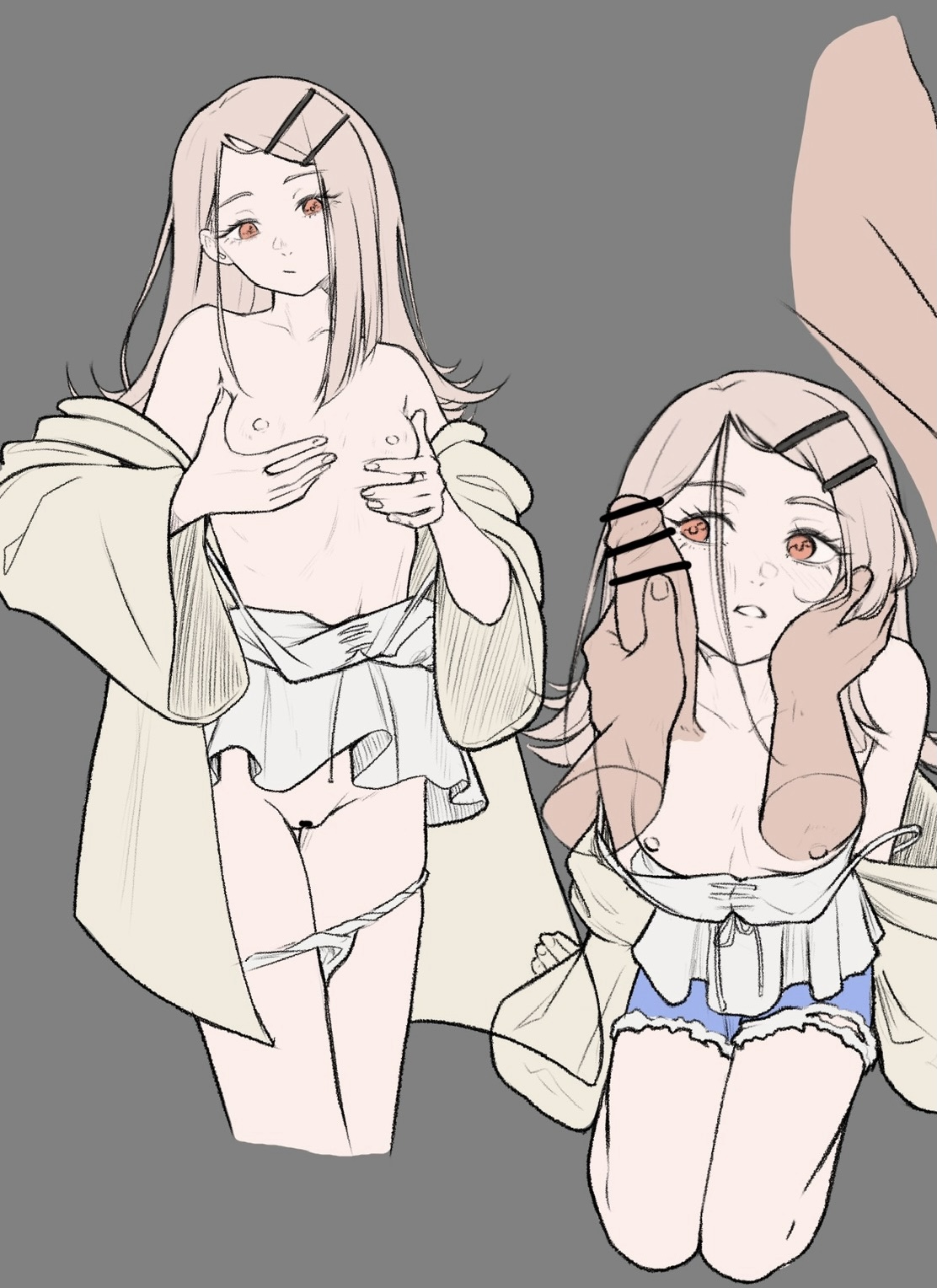 1boy, 1girls, adult and teenager, adult on young, age difference, blonde eyelashes, blonde hair, bottomless, breasts, censor bar, censored, censored penis, cute, dreibain, earrings, eye contact, face grab, female, female focus, flat chest, fondling breast, gakuen idolmaster, grey background, hair clips, hairclip, head grab, idolmaster, imminent deepthroat, imminent oral, imminent sex, imminent vaginal, innocent, kneeling, light-skinned female, long hair, male, nipples, no bra, older on younger, oral, orange eyes, pale-skinned female, panties, penis, penis on face, petite, pov, pussy, shinosawa hiro, shorts, skinny, slim, small breasts, teenager, touching face, white panties, young