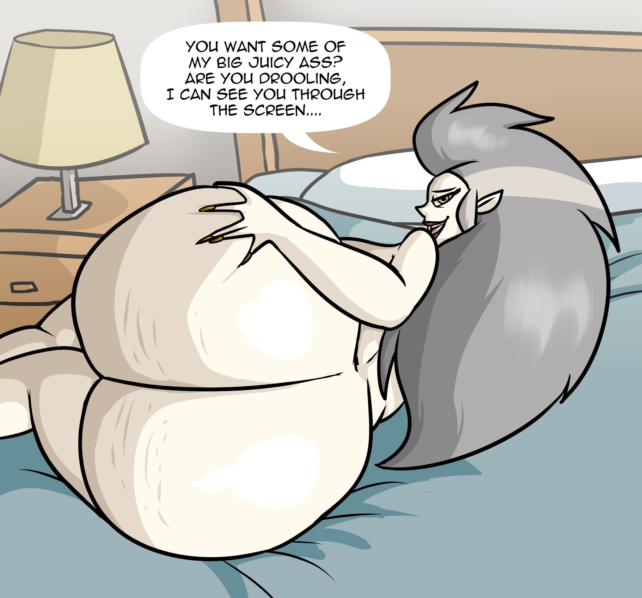 ass, ass focus, ass grab, bed, bedroom, big ass, bubble ass, bubble butt, disney, eda clawthorne, female, gilf, laying down, looking at viewer, max1mus, speech bubble, talking to viewer, teasing, text, the owl house, thick thighs, voluptuous, witch (the owl house)