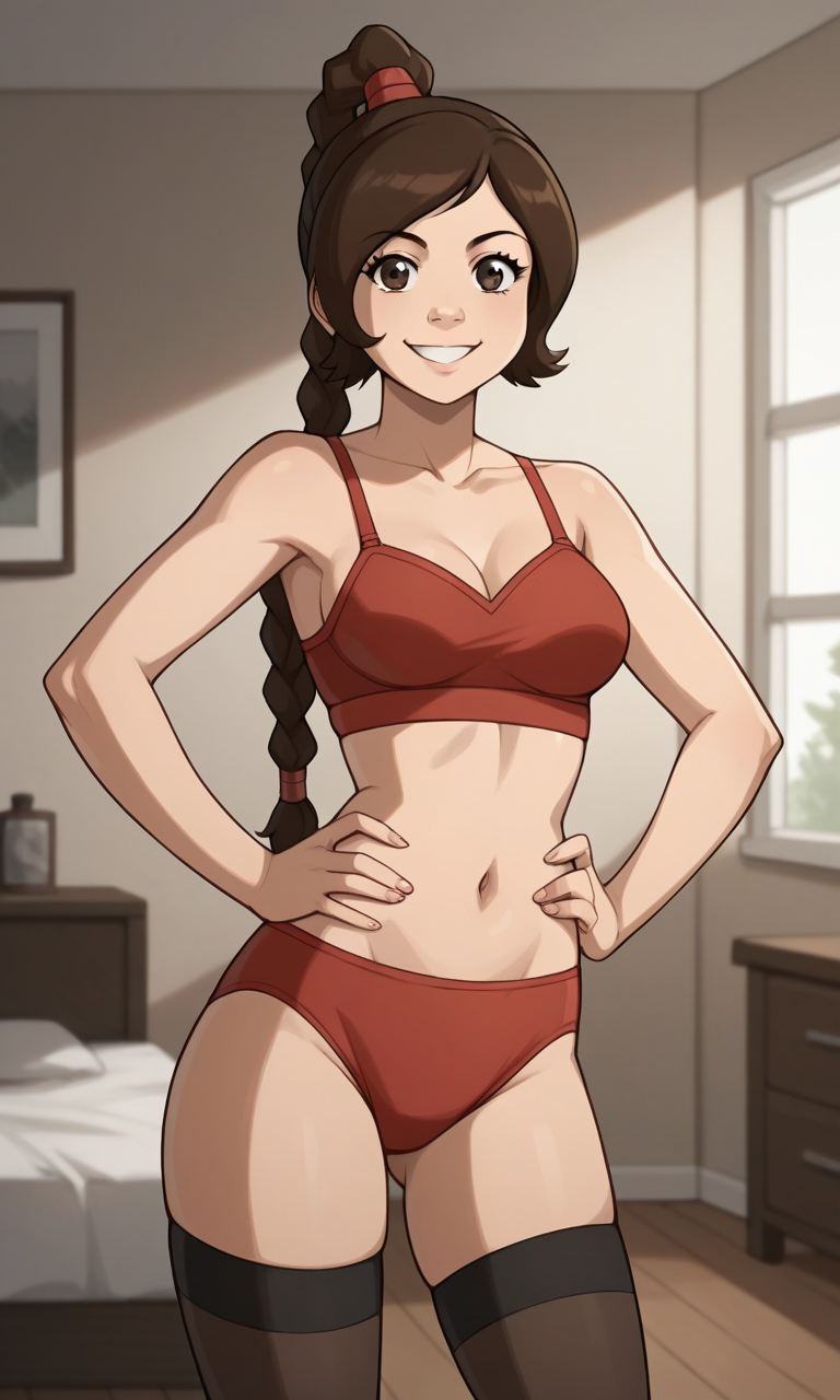 ai_generated ass avatar_legends avatar_the_last_airbender bigmic145 bra braid braided_hair braided_ponytail breasts clothed clothed_female clothing midriff navel nickelodeon panties solo solo_female tease teasing thigh_highs thighhighs ty_lee