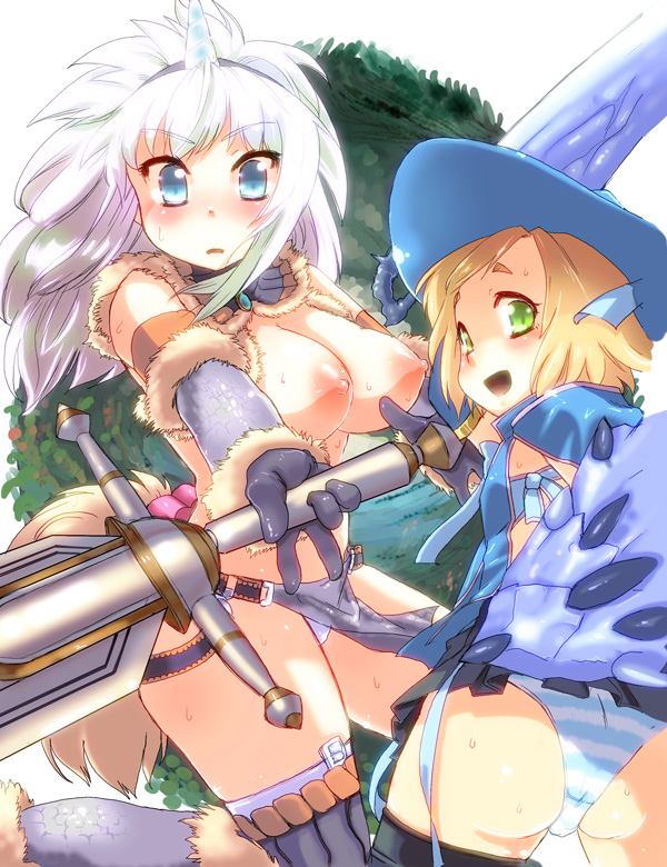 blonde_hair blue_eyes blush boots breasts buri capcom female female_only flat_chest gloves green_eyes hat horn horns human kirin_(armor) large_breasts monster_hunter monster_hunter_frontier multiple_girls nipples panties rian_(armor) skirt striped striped_panties sweat sword thigh_boots thighhighs underwear weapon white_hair