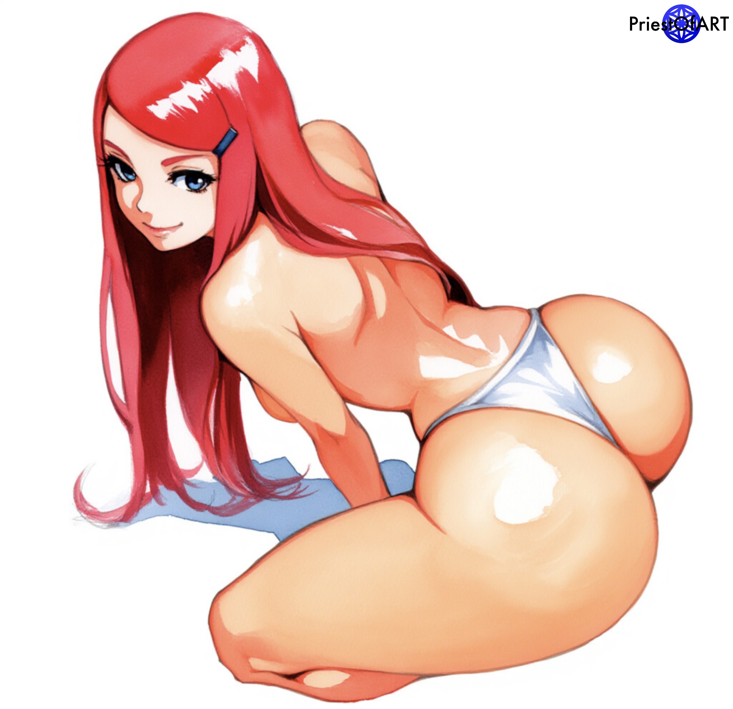 1girls, ai generated, ass, big ass, big butt, color, female, female only, from above, huge ass, kneeling, leaning forward, long hair, naruto, naruto (series), naruto shippuden, priestofart, red hair, simple background, solo, solo female, tagme, tagme (artist), thick thighs, thong, thong only, uzumaki kushina, watercolor, watermark, white background, white panties