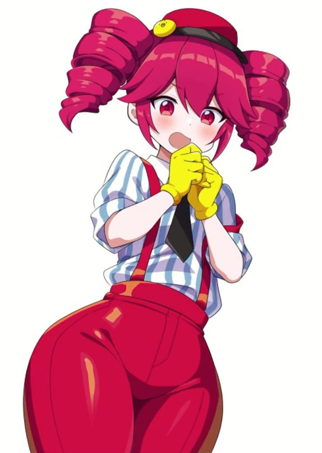 1girls, 2d, 2d (artwork), ass, big ass, bottom heavy, clothed, clothed female, clothing, curvy, curvy female, curvy figure, female, female only, fully clothed, gloves, hat, huge thighs, kasane teto, mesmerizer (vocaloid), mesmerizer teto, open mouth, pants, red eyes, red hair, solo, solo female, surprised, surprised expression, suspenders, synthesizer v, thick thighs, thighs, tight clothing, tight pants, torinokawori, twin drills, utau, white background, wide hips