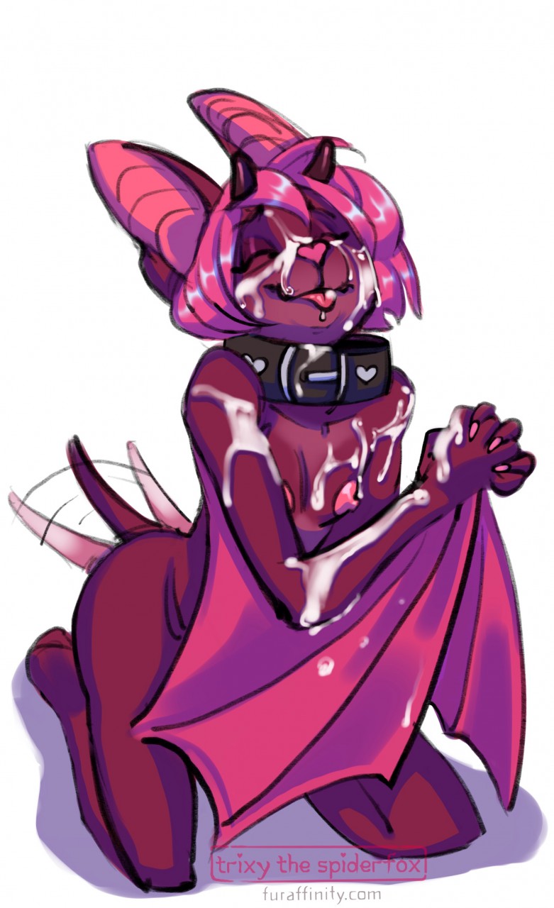 2019 anthro bat bodily_fluids closed_eyes collar collar_only colored_nails cum cum_on_arm cum_on_face cum_on_wings digital_media_(artwork) genital_fluids hair hi_res horn kneeling kullax male mammal membrane_(anatomy) membranous_wings nails nipples nude pink_body pink_hair pink_nails short_hair simple_background solo tail tail_motion tailwag tongue tongue_out trixythespiderfox white_background wings