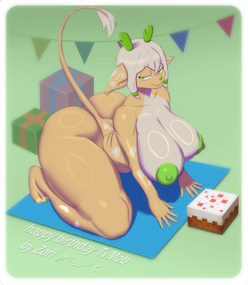 5_fingers absurd_res all_fours anthro areola ass big_breasts big_butt birthday breasts cake carpet dessert dragon english_text female fingers food gift glistening glistening_body green_areola green_eyes green_horn green_nipples hair hi_res horn huge_breasts kneeling looking_at_viewer microsoft minecraft mojang multicolored_body mythological_creature mythological_scalie mythology nipples party pivoted_ears presenting scalie seductive smug solo tail text thick_thighs tvmob vicky_(tvmob) white_hair wide_hips xbox_game_studios zariorwen