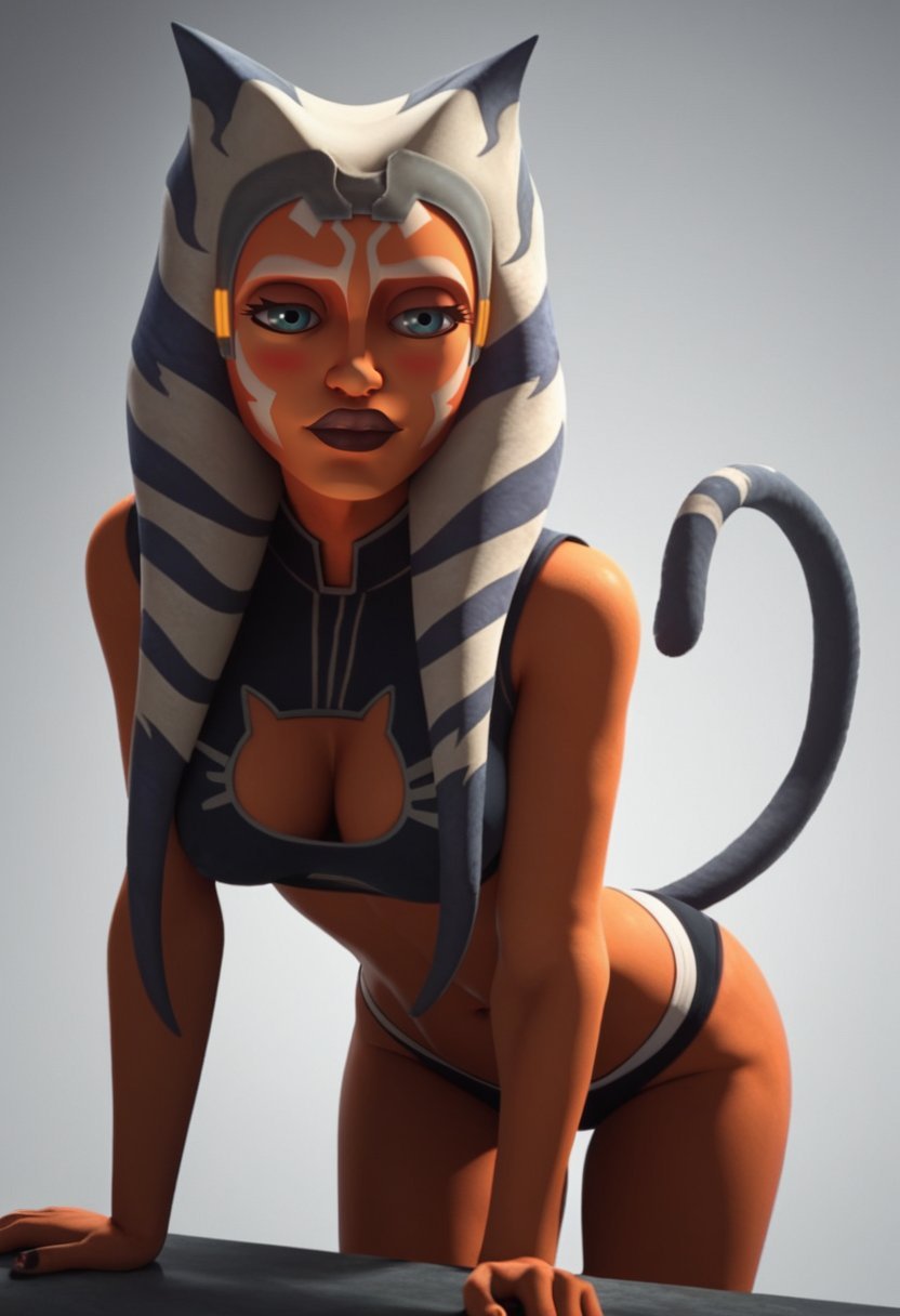 1girls, ahsoka tano, ai generated, bare arms, bare thighs, blush, bra, cat ears, cat girl, cat tail, catgirl, clone wars, duchess eugene, face markings, facial markings, female, female only, leaning forward, lekku, navel, orange body, orange skin, panties, solo, sports bra, stable diffusion, star wars, togruta, tummy