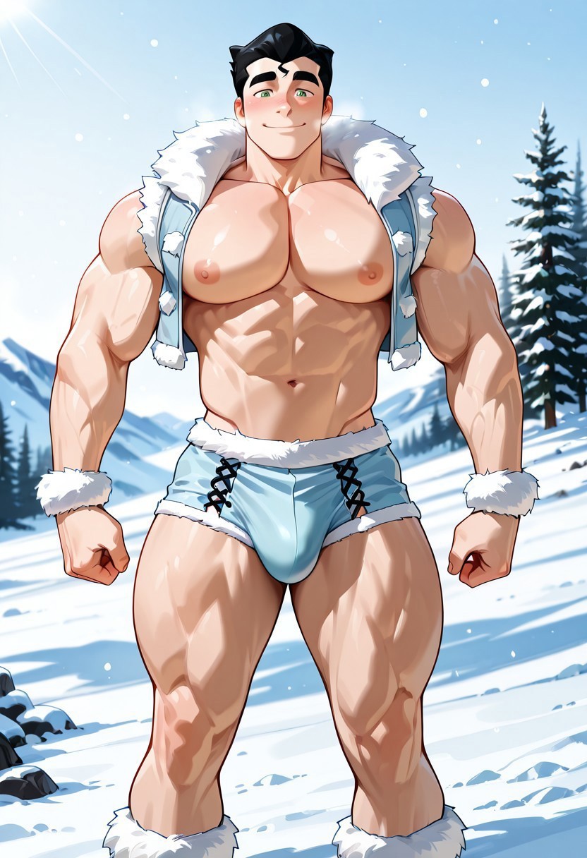 ai_generated bara big_biceps big_pecs bolin breath ice male_focus male_only muscles muscular_arms muscular_legs muscular_male muscular_thighs nuktuk obliques outside revealing_clothes snow the_legend_of_korra visible_breath winter yaoi