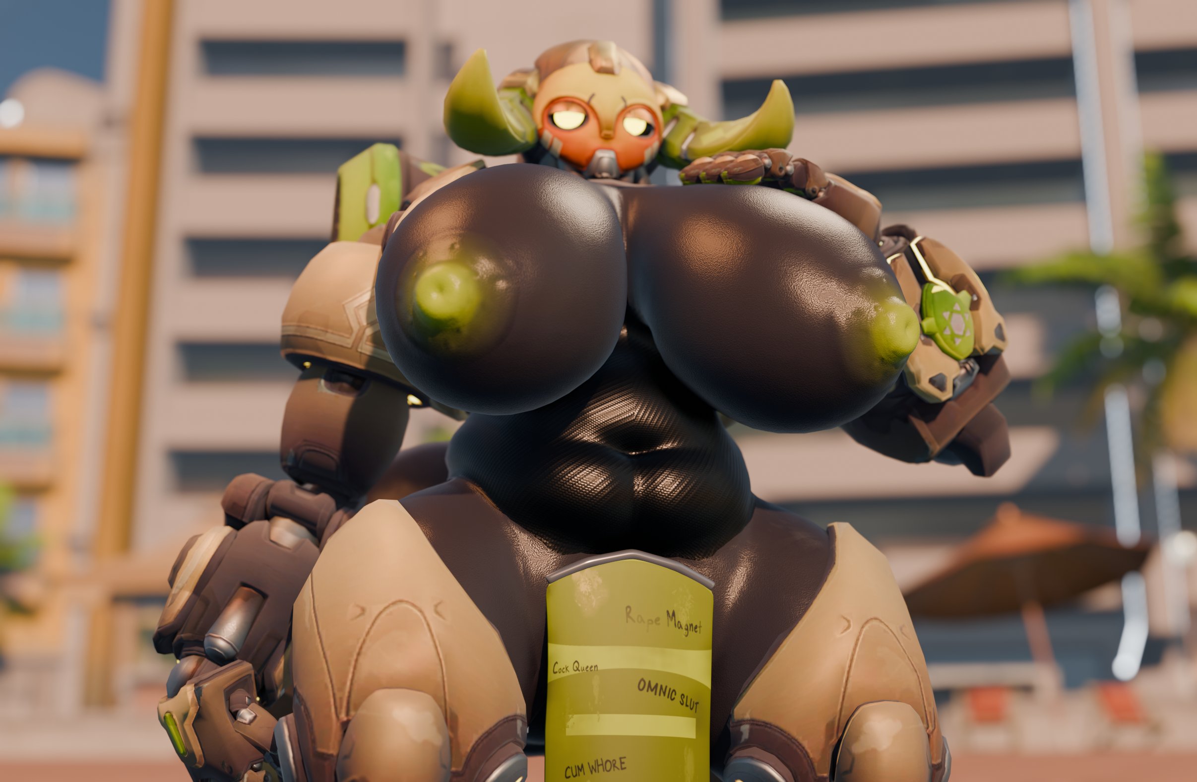 1girls, 3d, big breasts, blizzard entertainment, breasts, female, female only, huge breasts, nipples, orisa, overwatch, robot, robot girl, solo, taur, vensaku