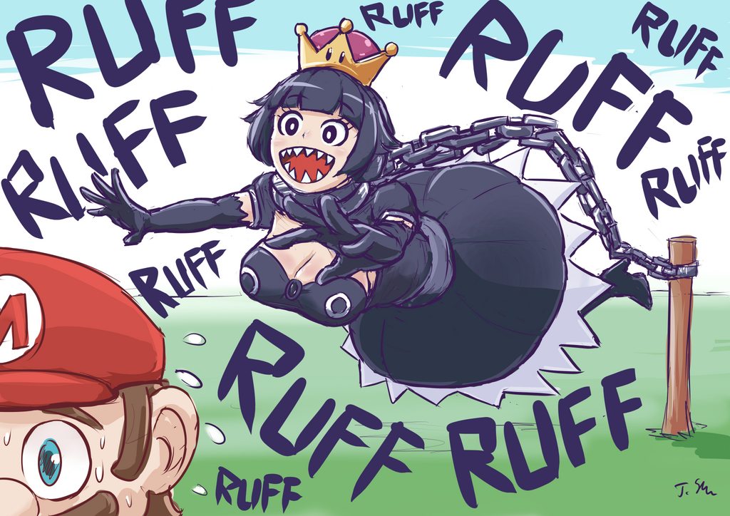 black dress, black hair, breasts, chain chomp, chompette, excited, fangs, female, happy, jii3, mario, mario (series), nervous, new super mario bros. u deluxe, nintendo, short hair, super crown, super mario bros.